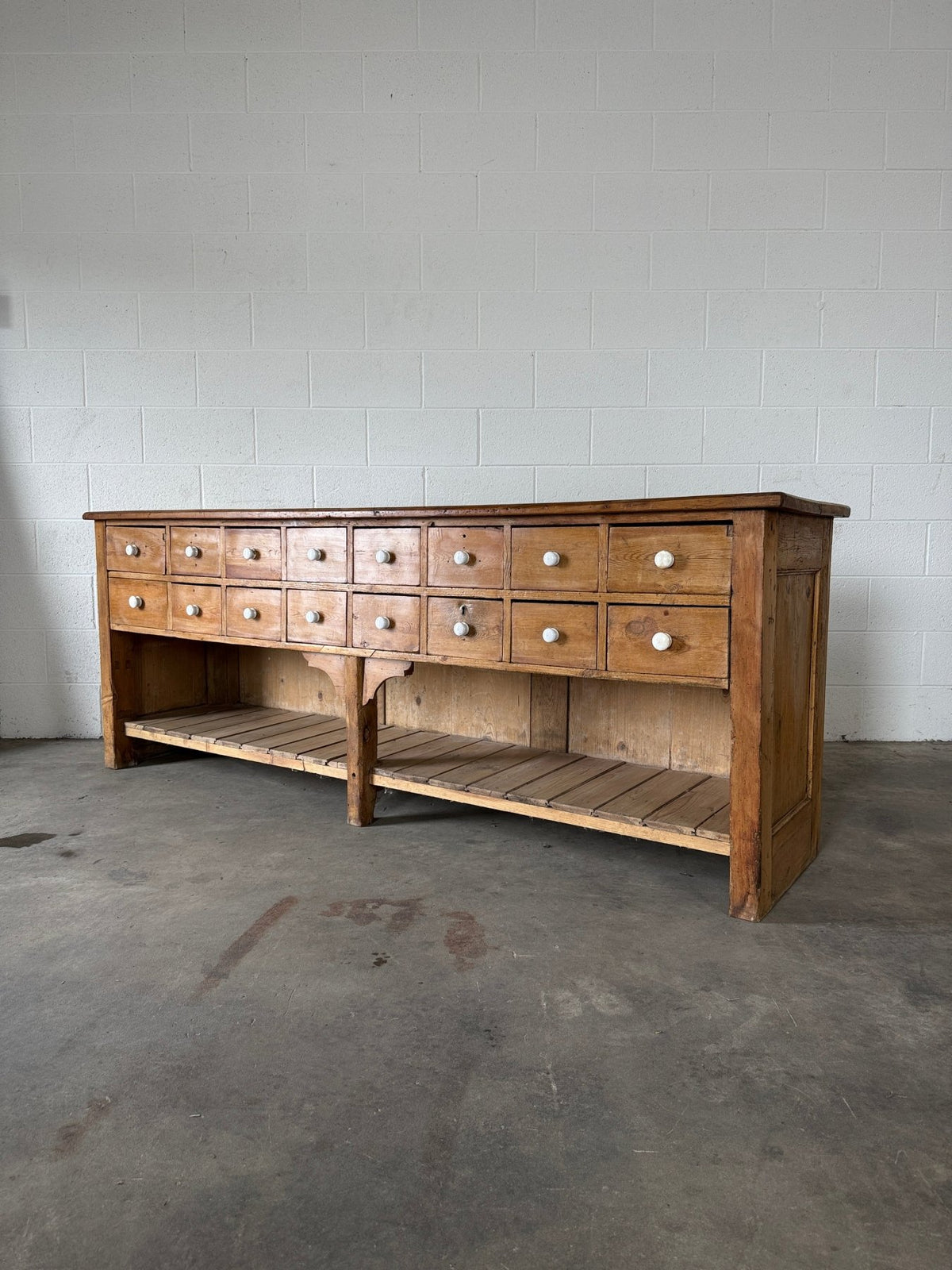 English antique pine shop counter with 15 drawers - House on Horizon