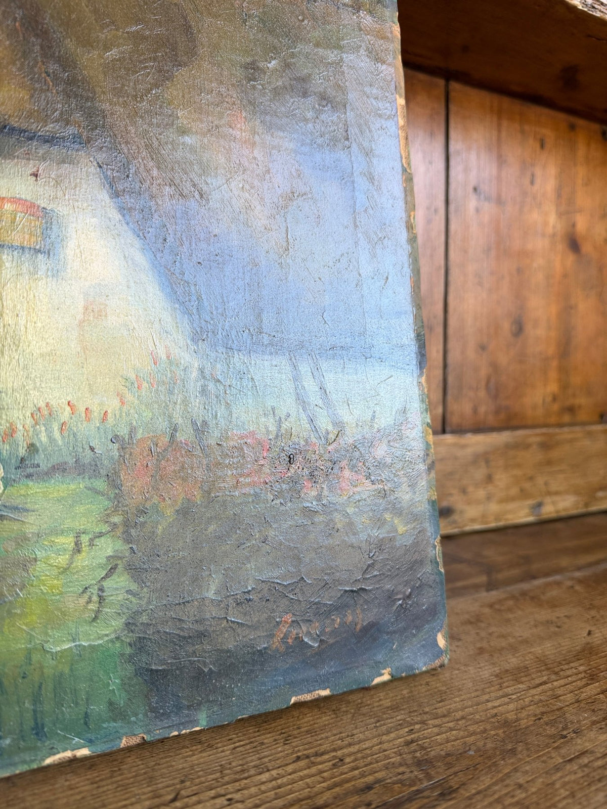 European antique oil on canvas - House on Horizon