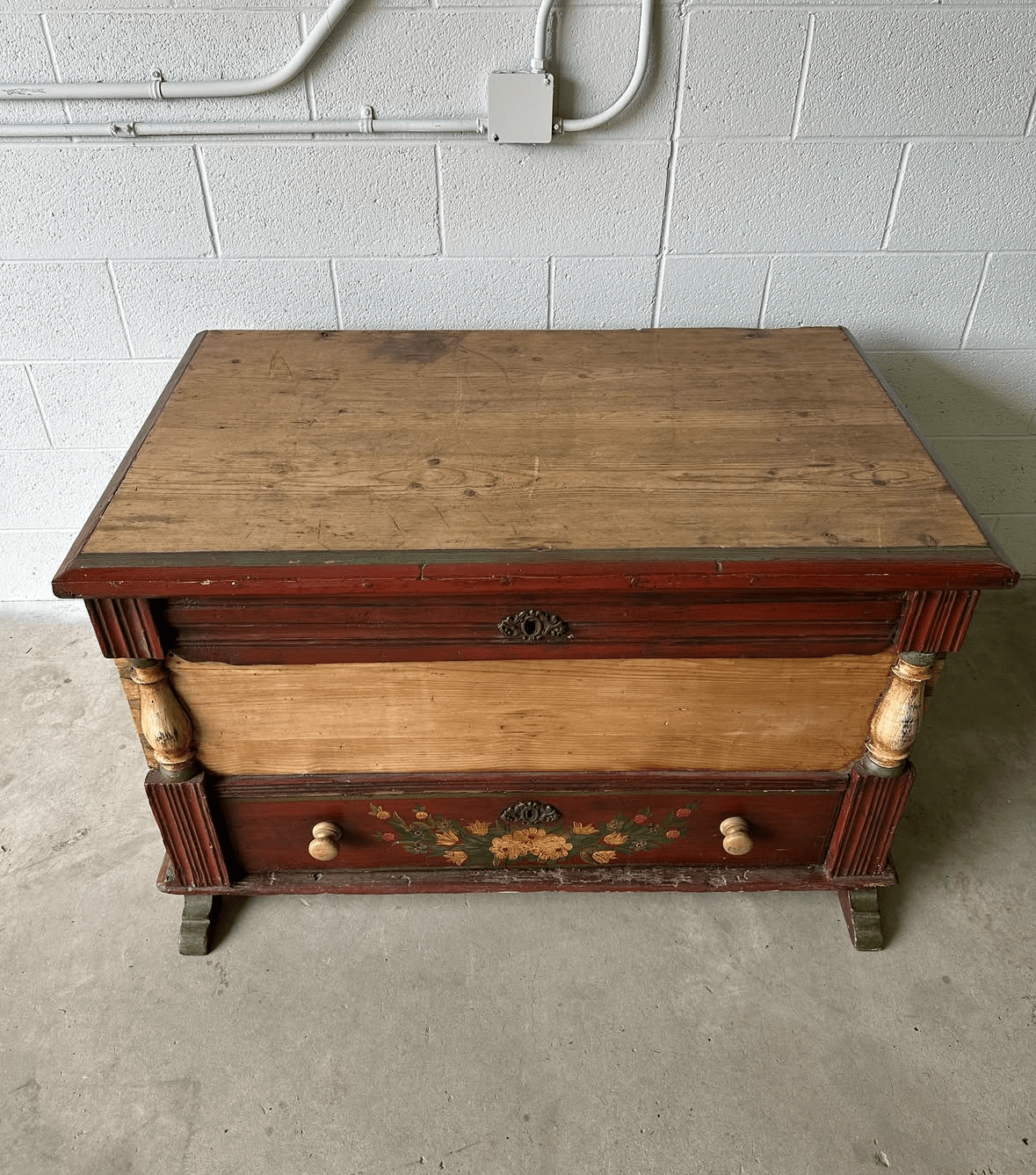 European pine blanket box with folk-painted drawer - House on Horizon