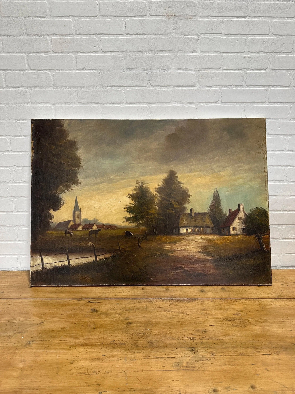 Large antique oil on canvas - House on Horizon