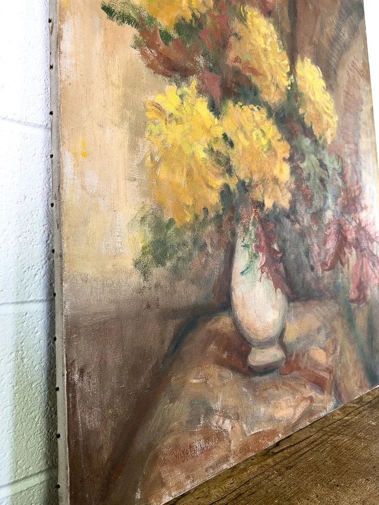 Large antique painting of flowers in a vase - House on Horizon