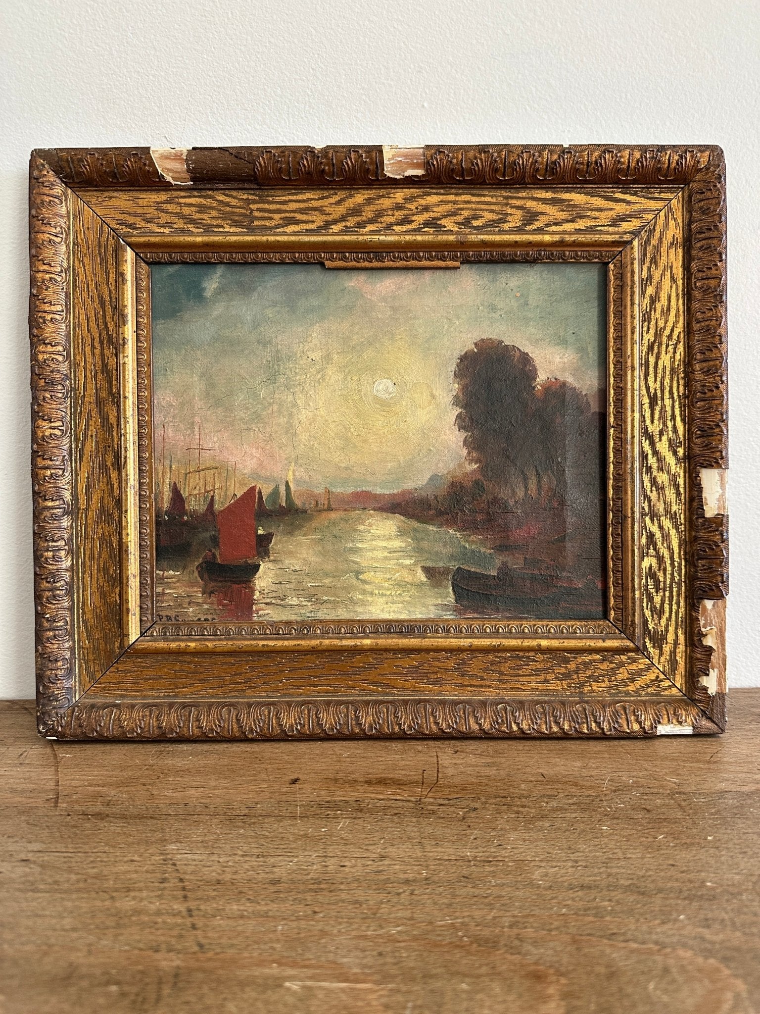 Oil on canvas, boats in a bay - House on Horizon