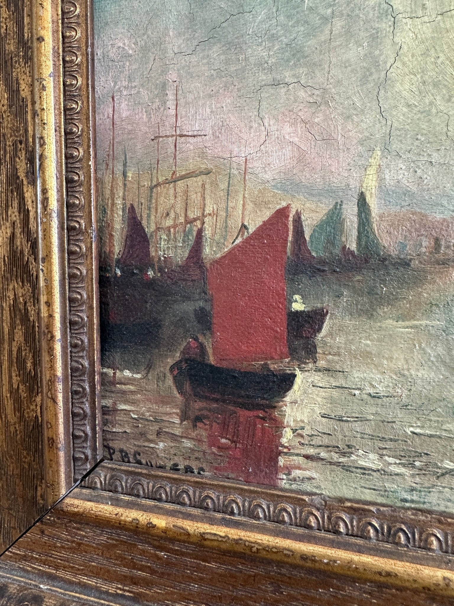 Oil on canvas, boats in a bay - House on Horizon