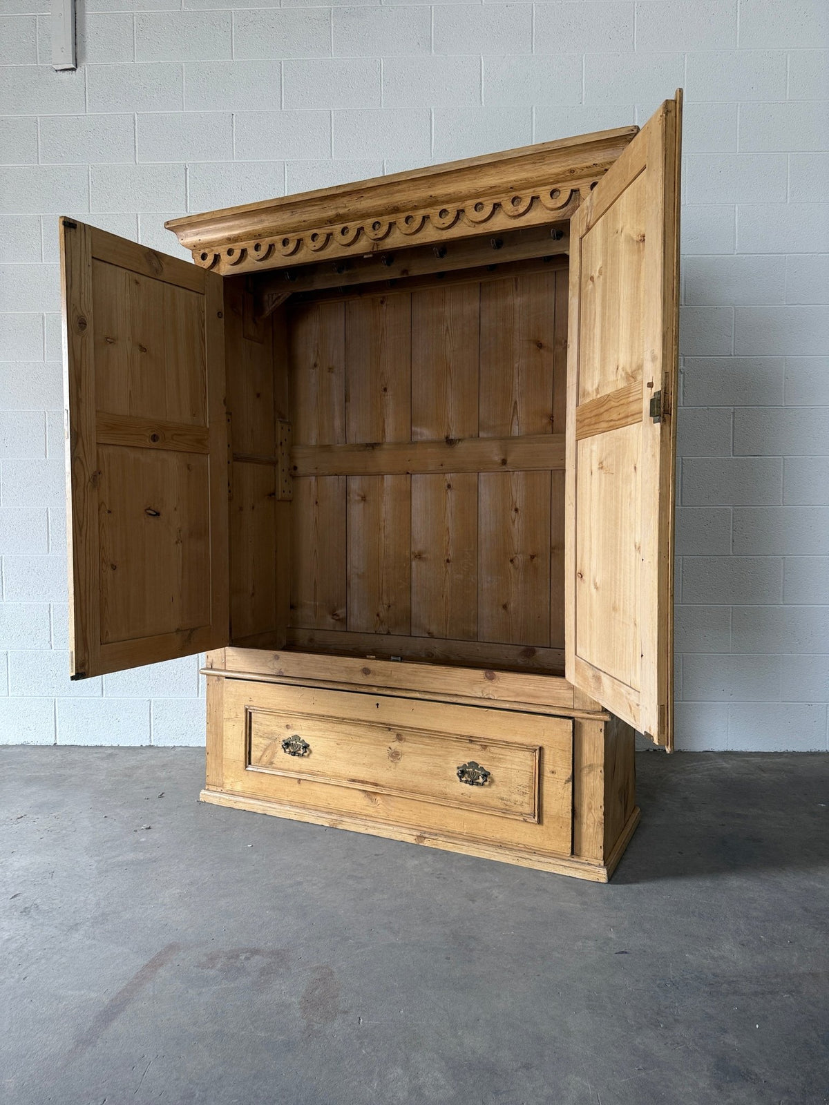 Stunning antique pine wardrobe with detailed trim - House on Horizon