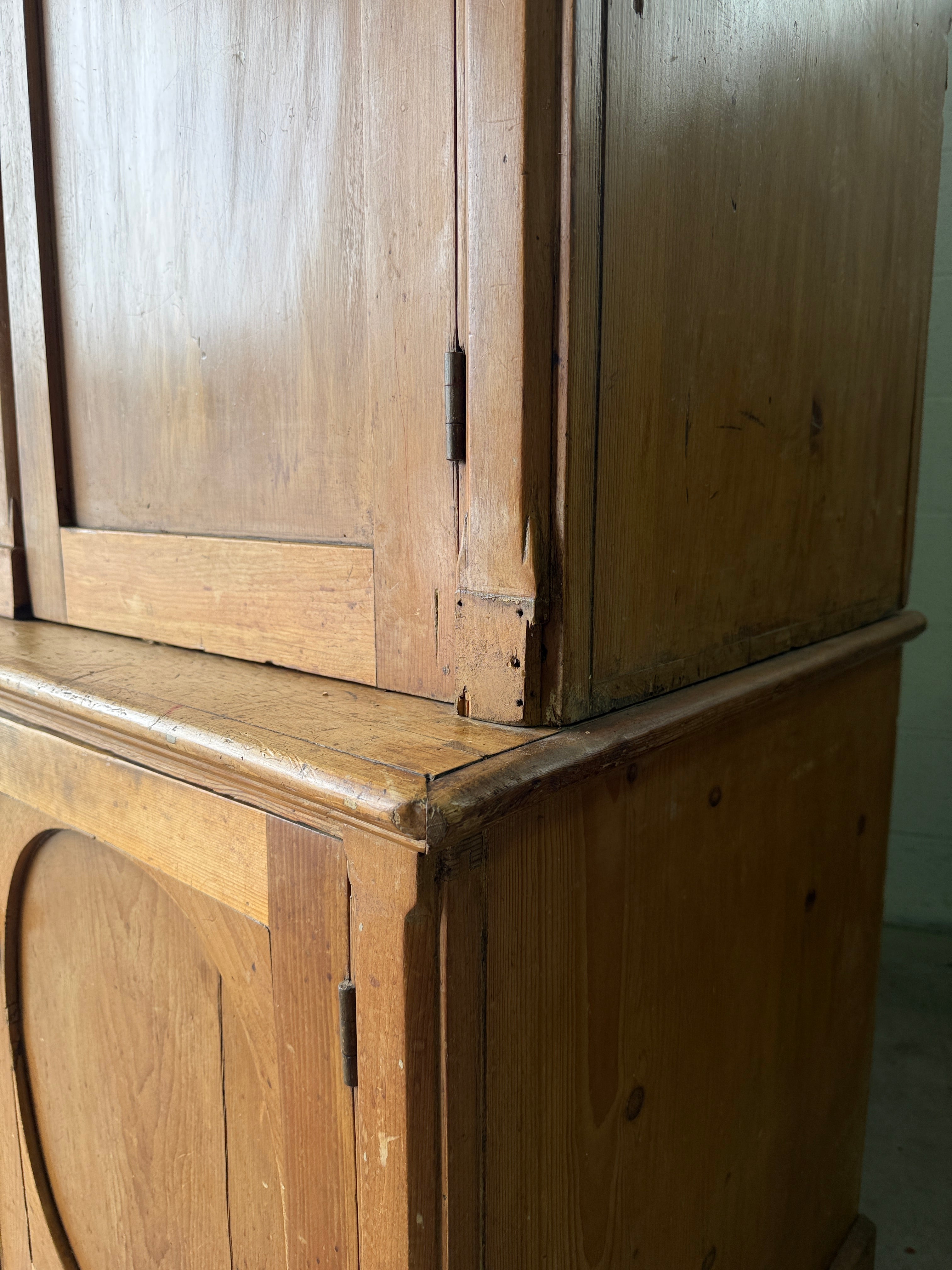 Monumental English antique pine housekeepers cupboard