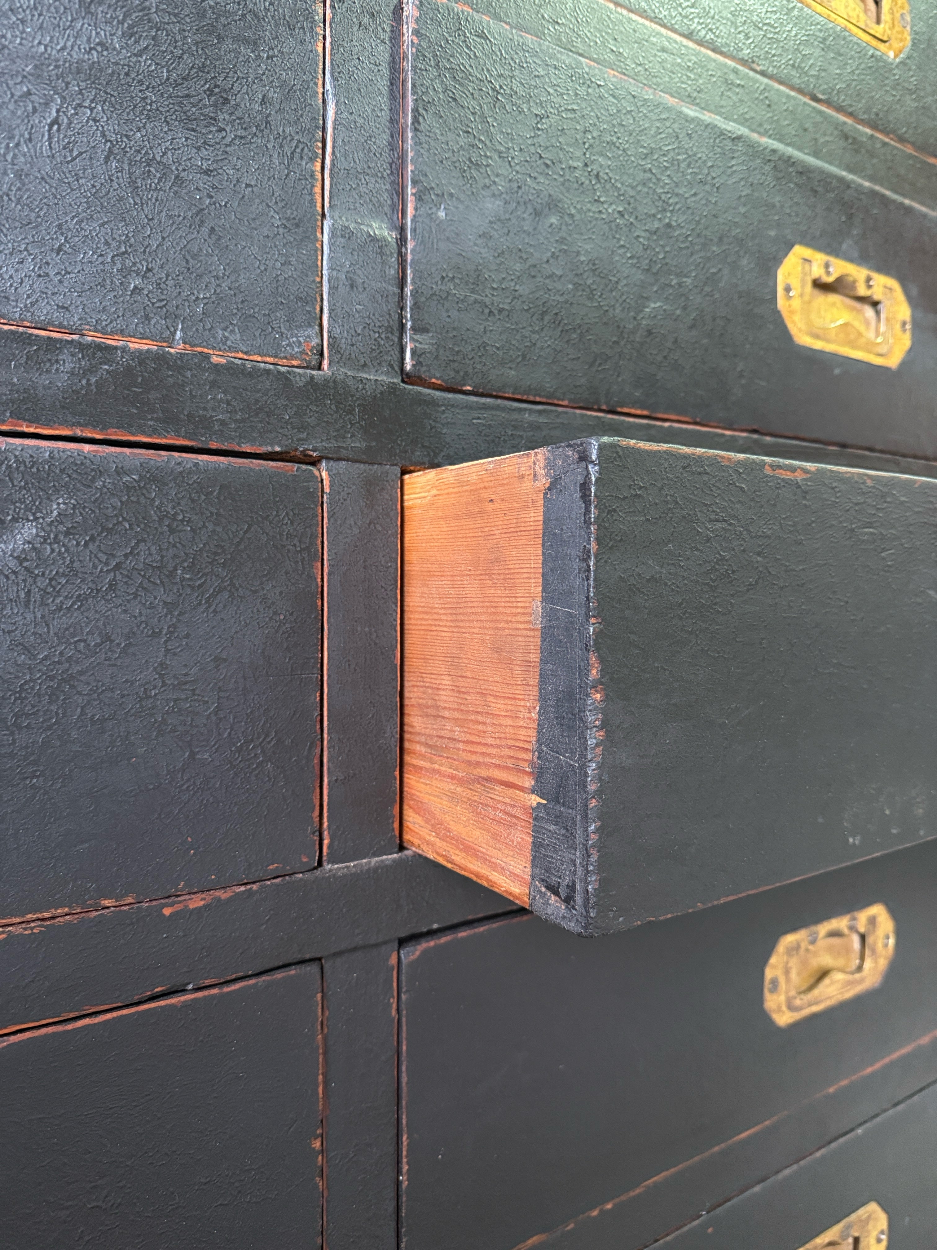 Monumental antique bank of 10 drawers with brass campaign handles