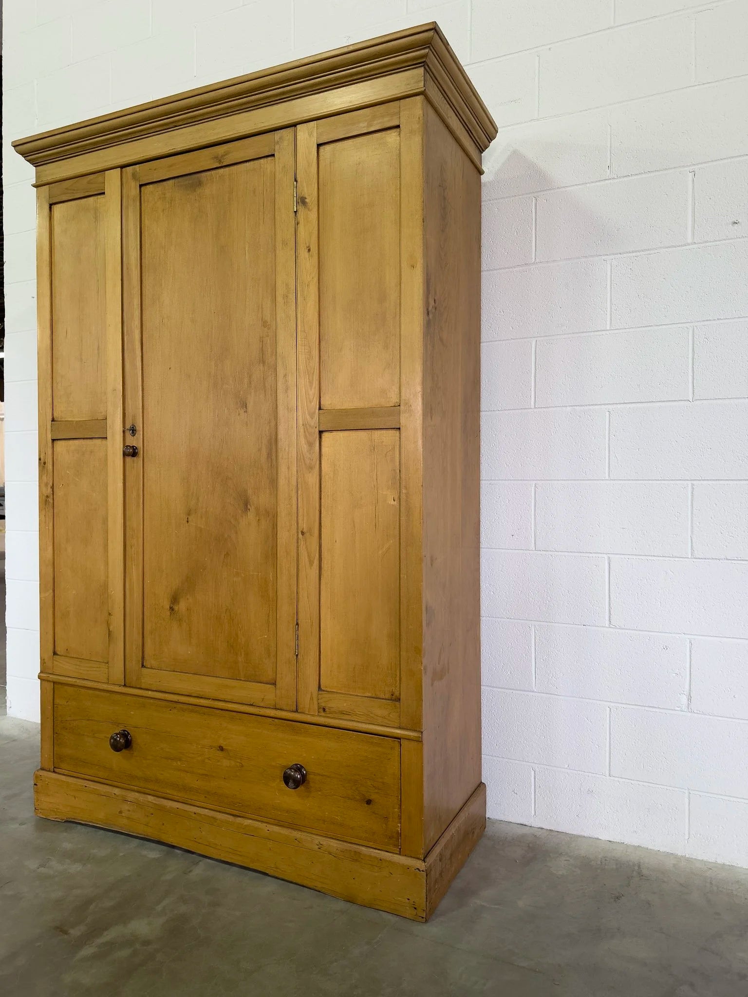 English Antique Pine Wardrobe with Drawer