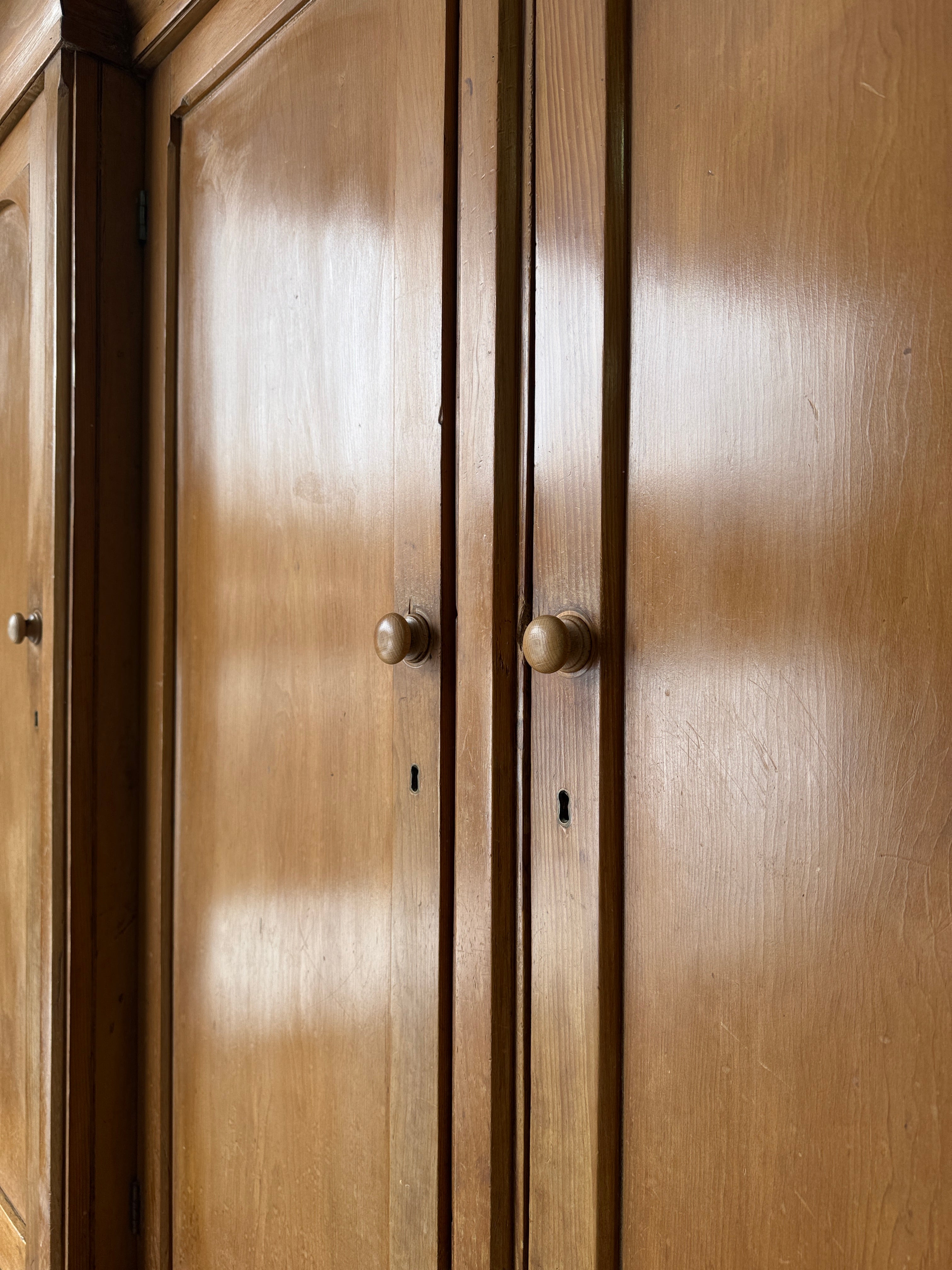 Monumental English antique pine housekeepers cupboard