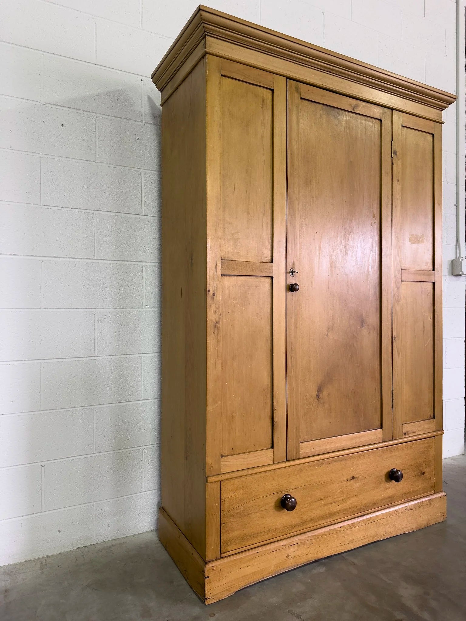 English Antique Pine Wardrobe with Drawer