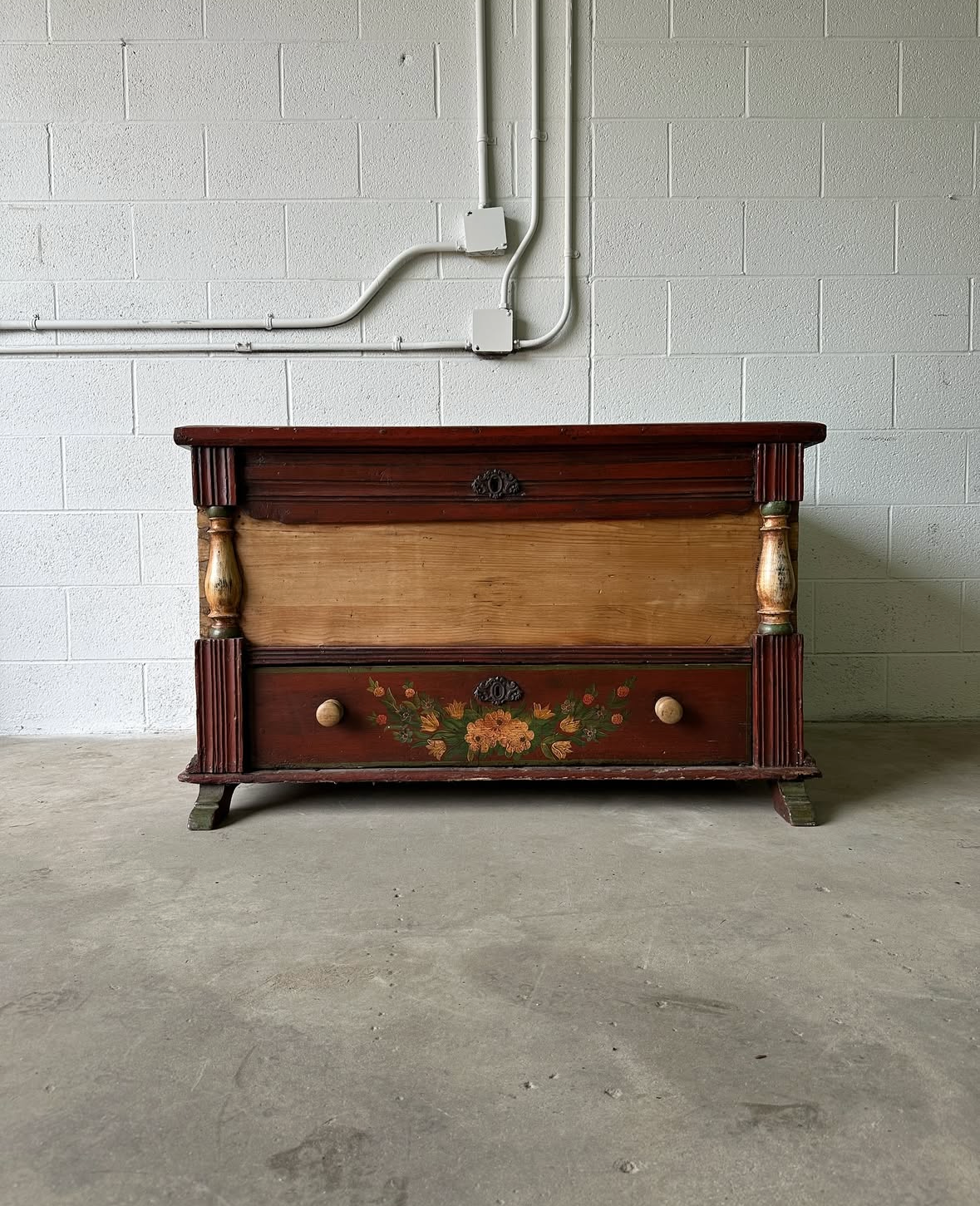 European pine blanket box with folk-painted drawer