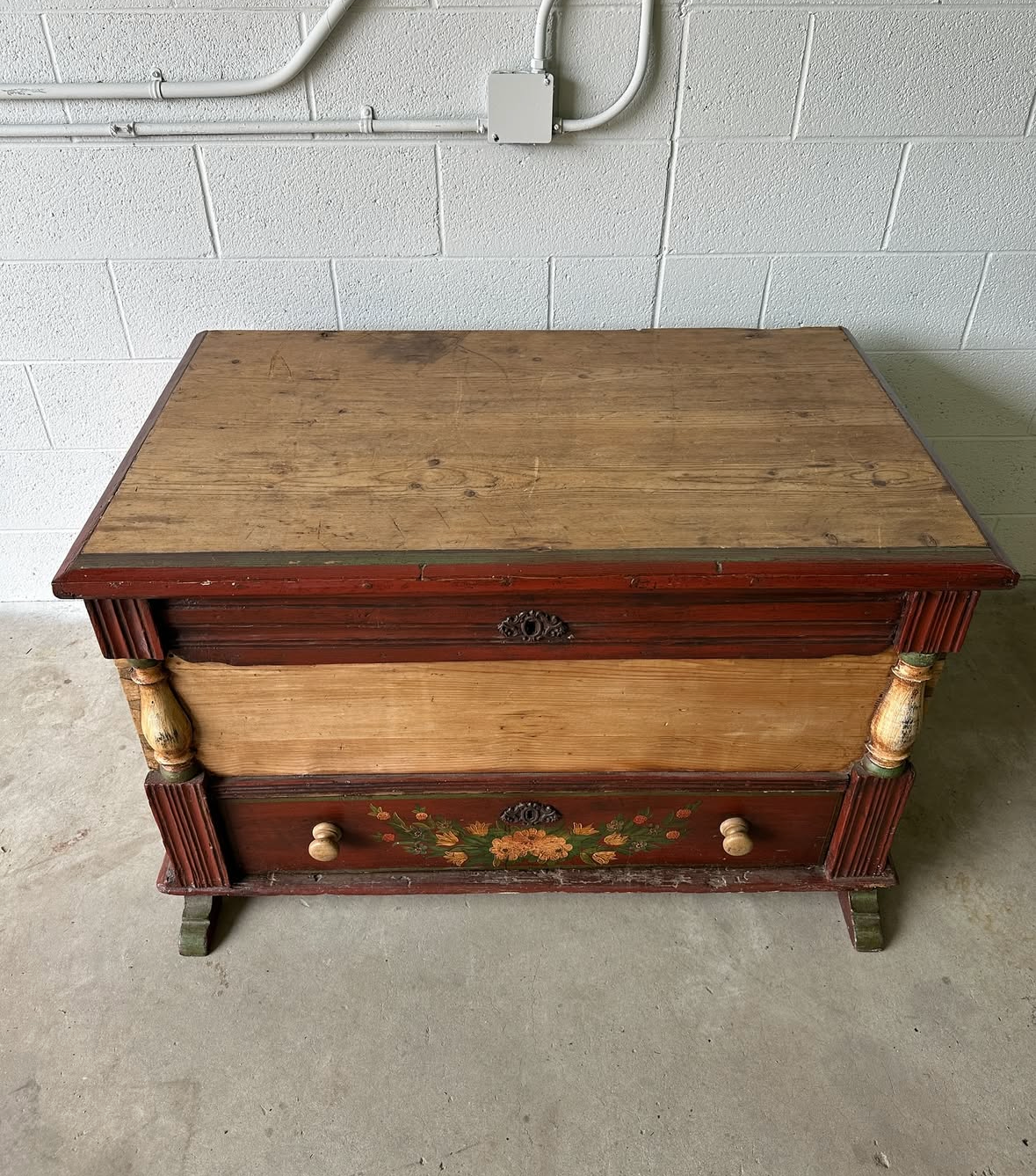 European pine blanket box with folk-painted drawer