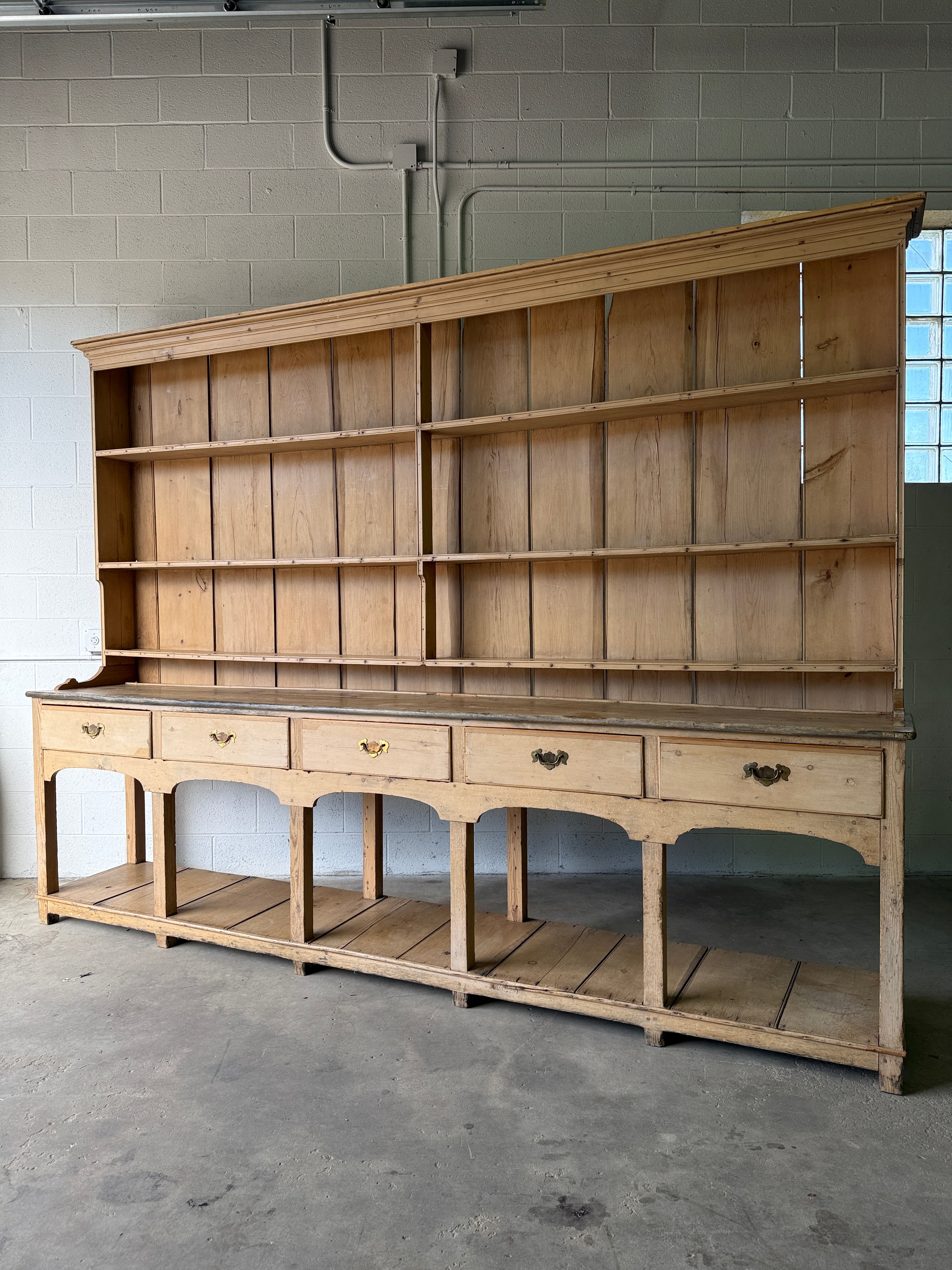 Antique Pine Potboard Kitchen Dresser Hutch – 10.7 ft English Country Cupboard with Drawers