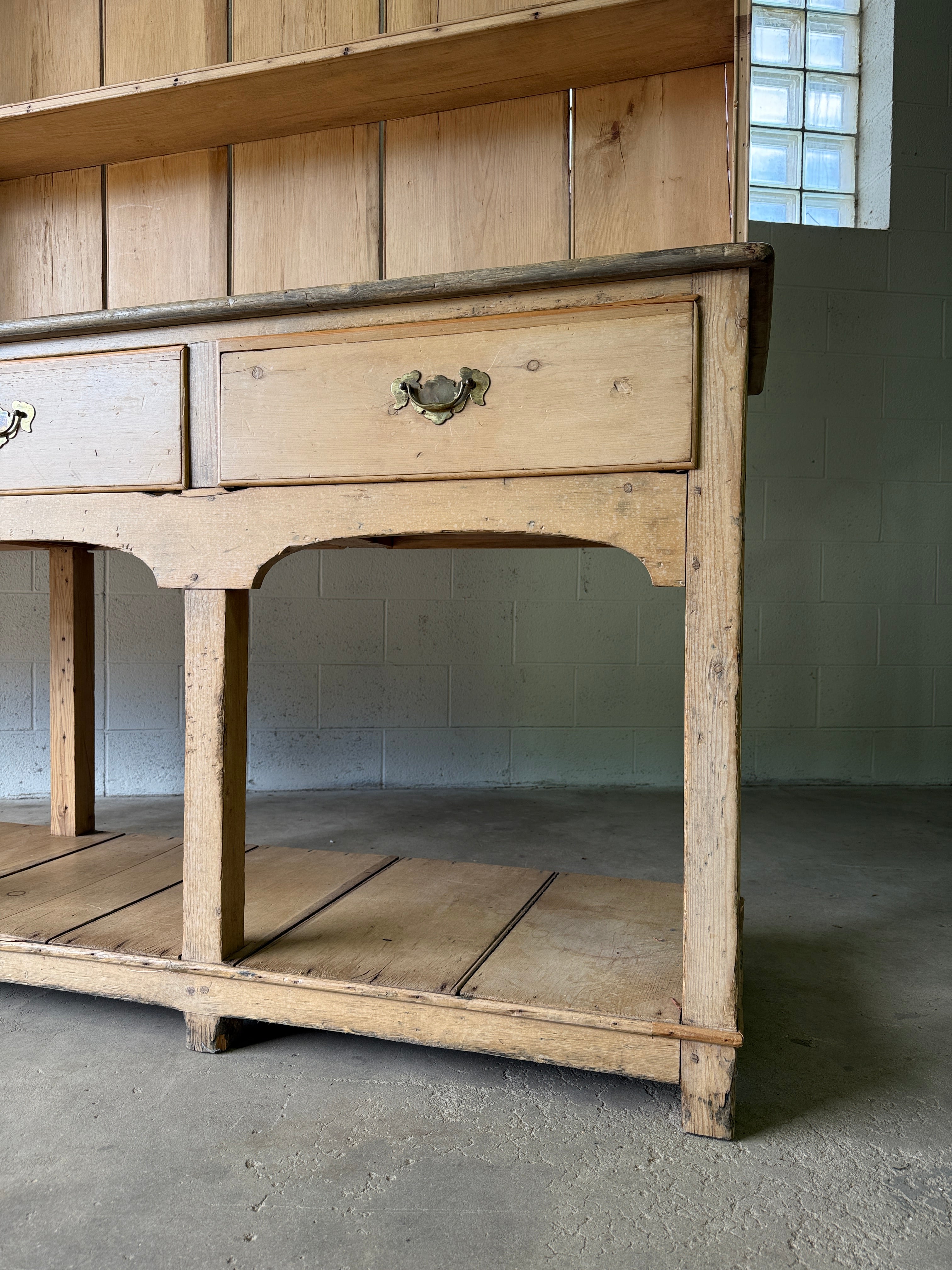 Antique Pine Potboard Kitchen Dresser Hutch – 10.7 ft English Country Cupboard with Drawers