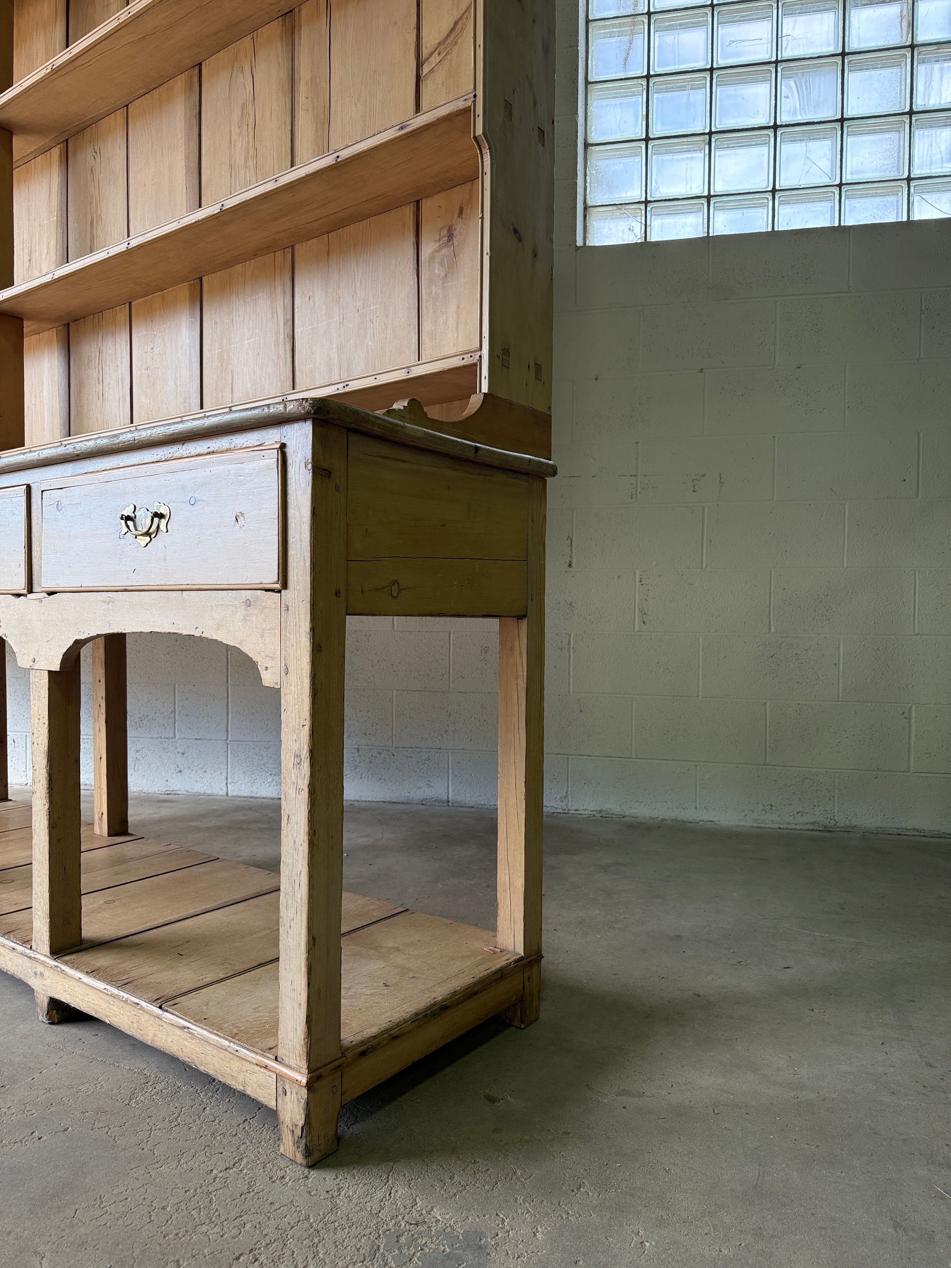 Antique Pine Potboard Kitchen Dresser Hutch – 10.7 ft English Country Cupboard with Drawers