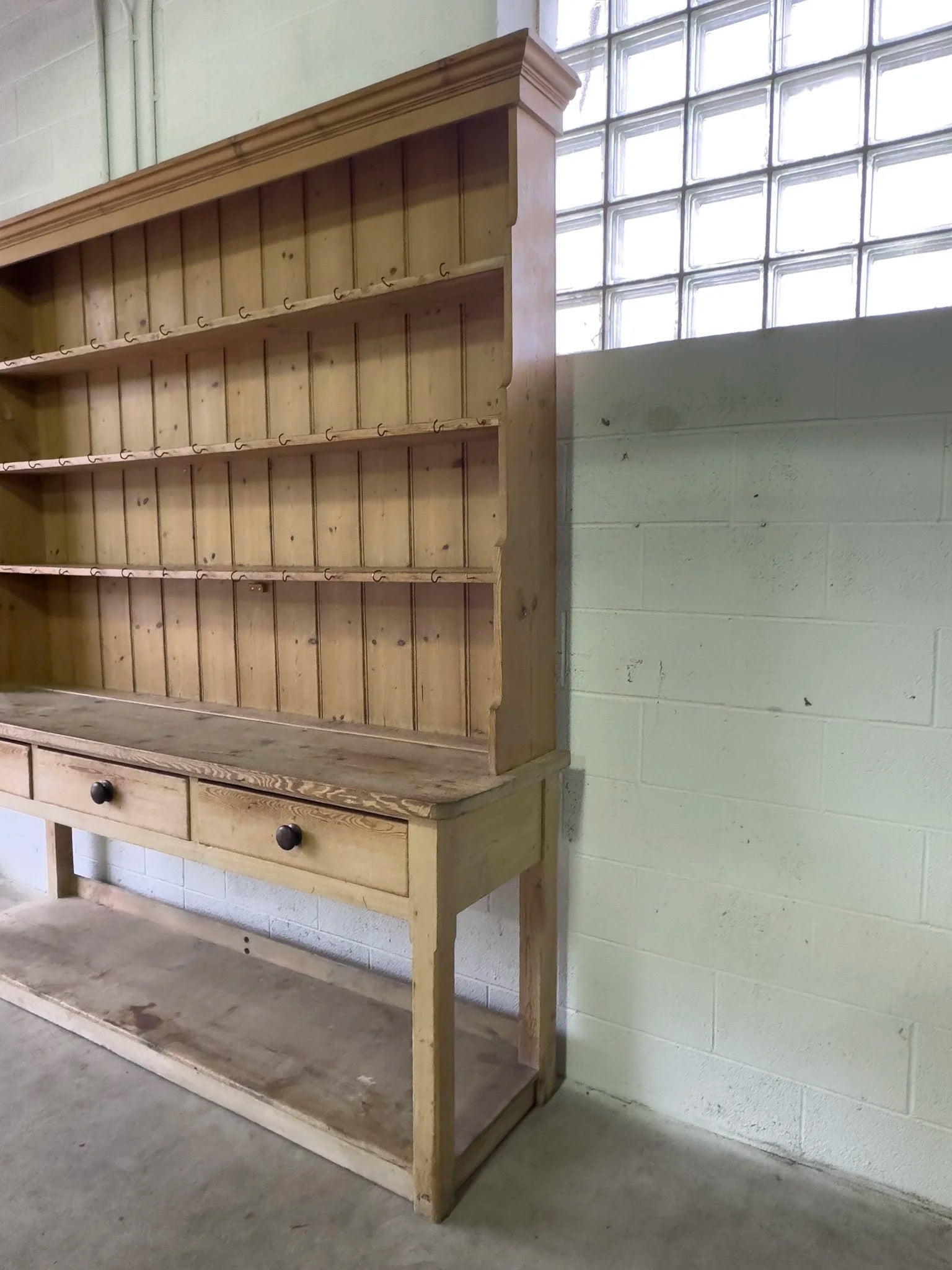 Antique pine hutch with open lower shelf