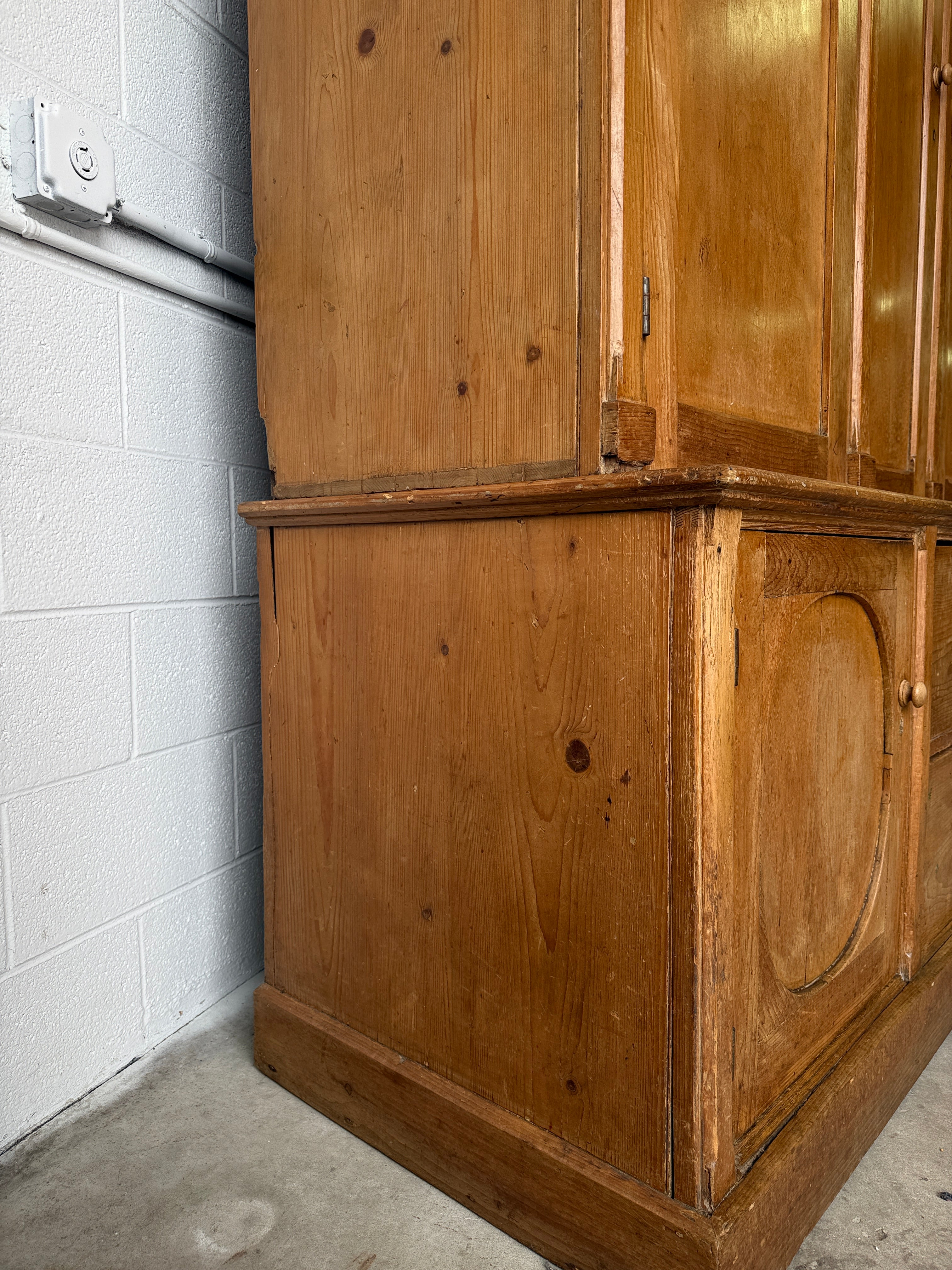 Monumental English antique pine housekeepers cupboard