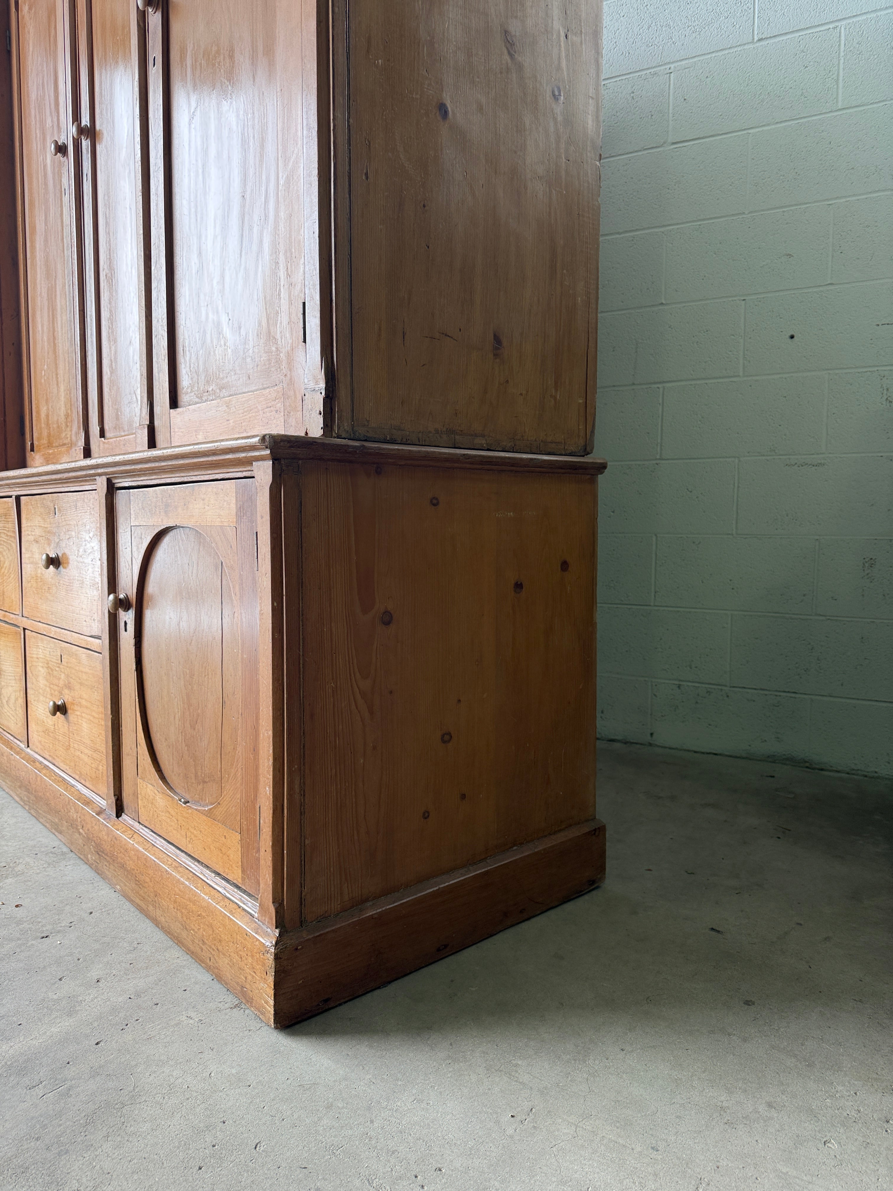 Monumental English antique pine housekeepers cupboard