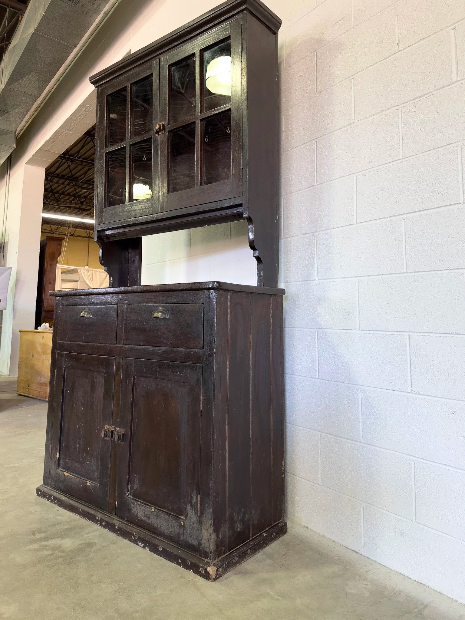 Scumbled pine hutch with wavy glass