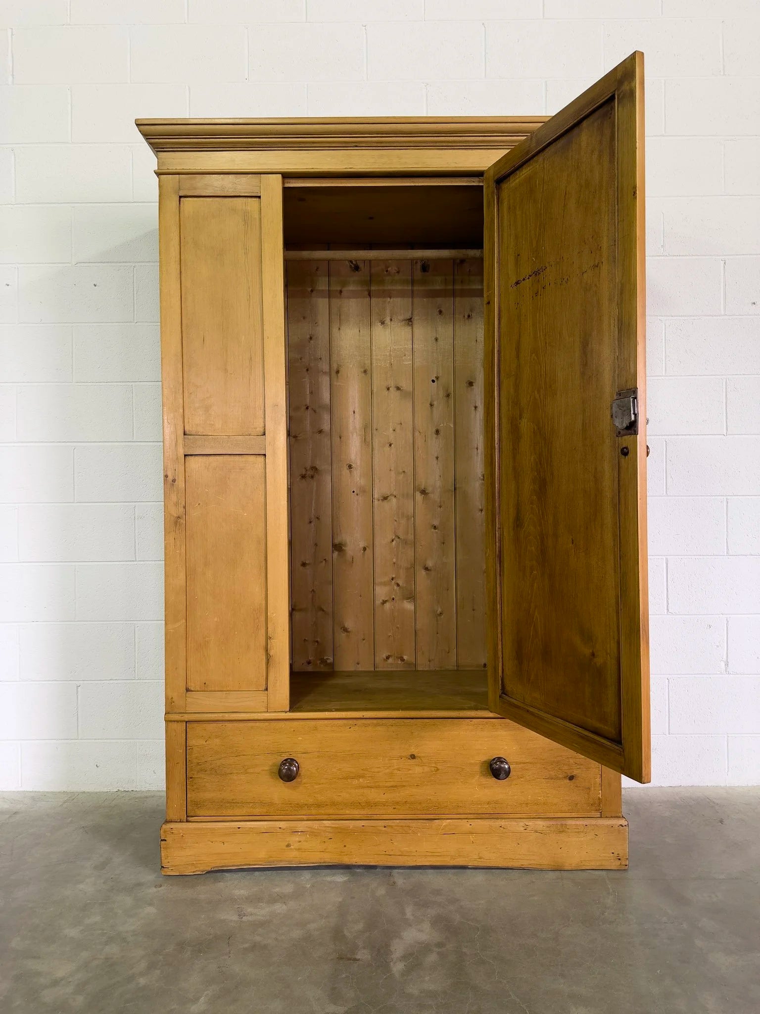 English Antique Pine Wardrobe with Drawer