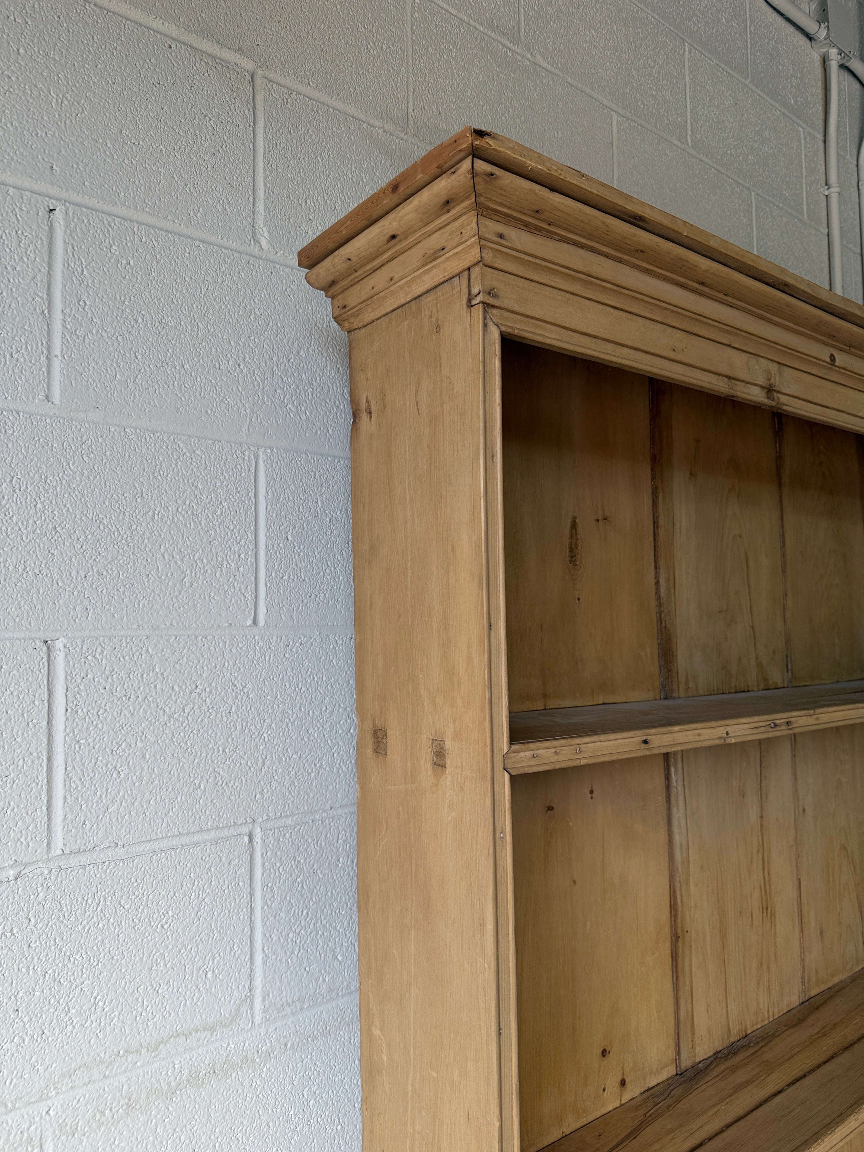 Antique Pine Potboard Kitchen Dresser Hutch – 10.7 ft English Country Cupboard with Drawers