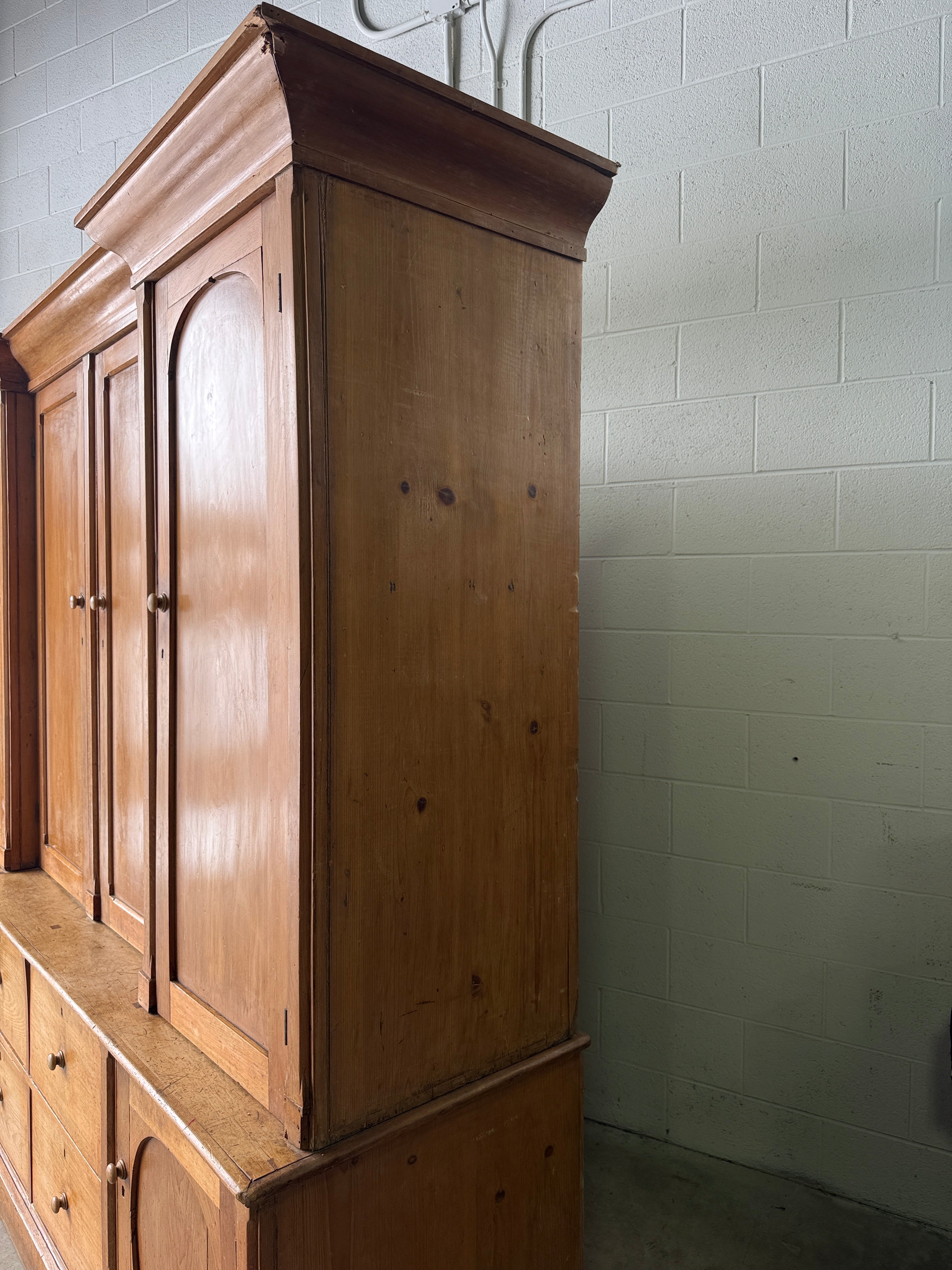 Monumental English antique pine housekeepers cupboard