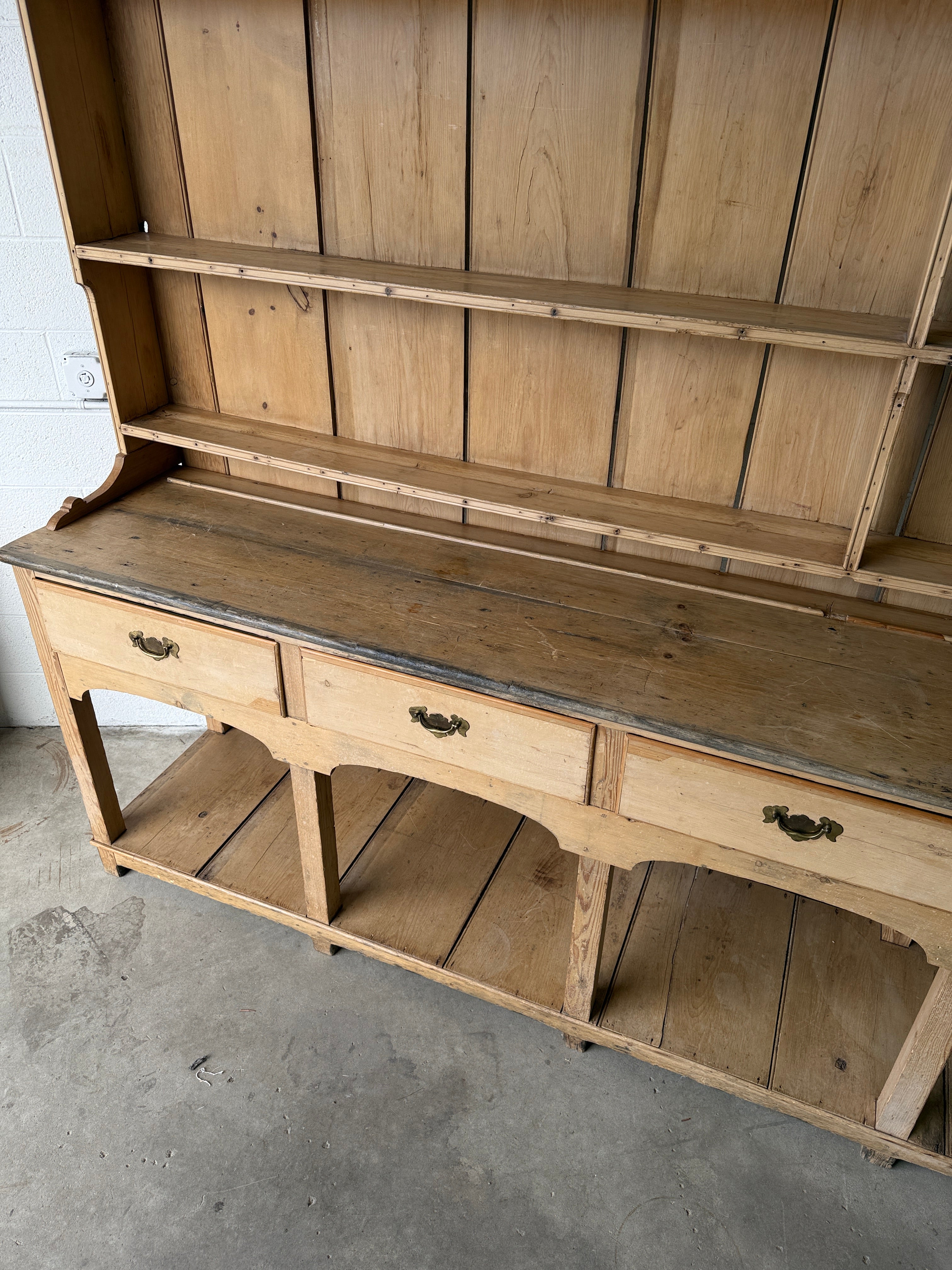Antique Pine Potboard Kitchen Dresser Hutch – 10.7 ft English Country Cupboard with Drawers