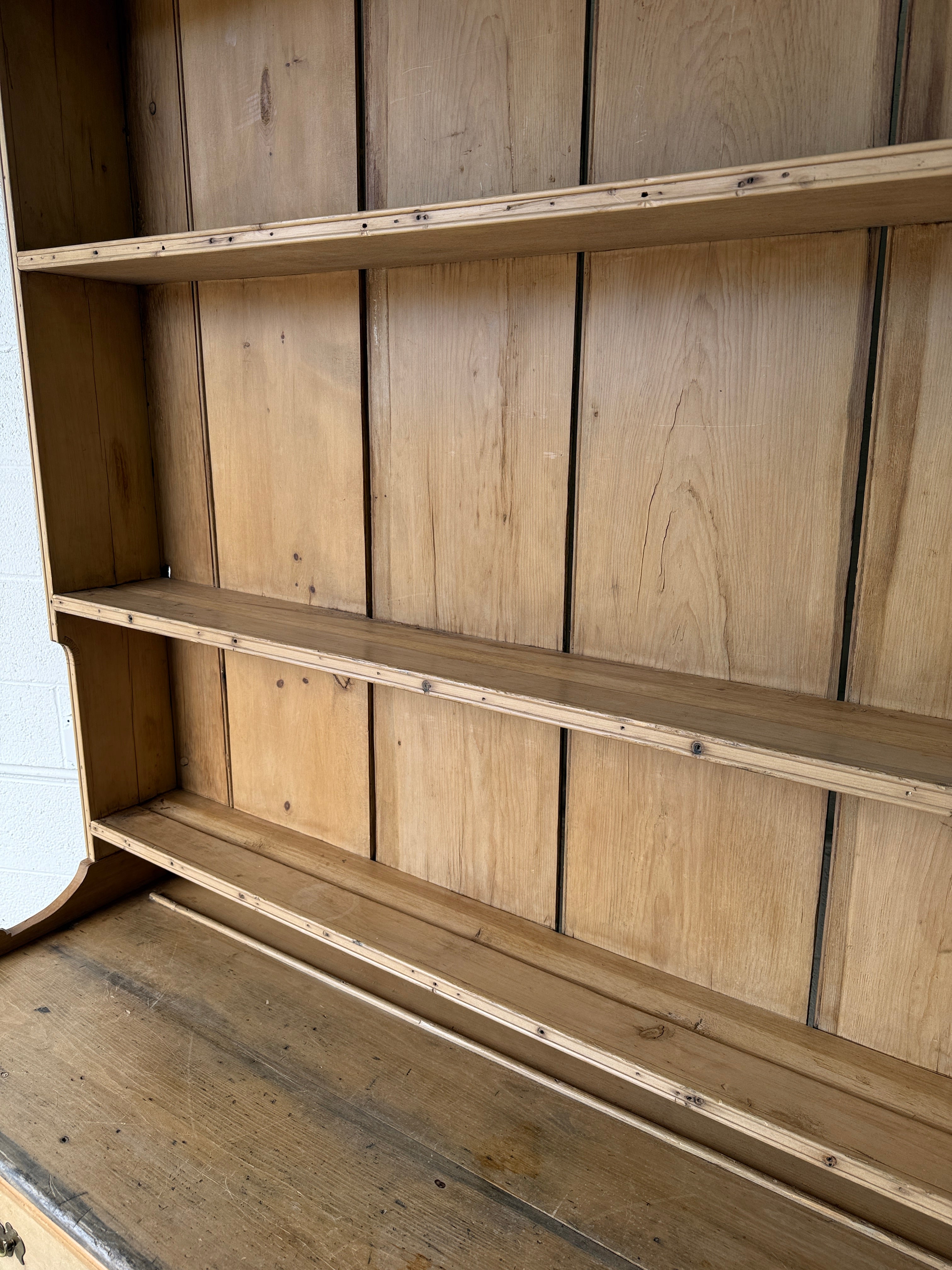Antique Pine Potboard Kitchen Dresser Hutch – 10.7 ft English Country Cupboard with Drawers