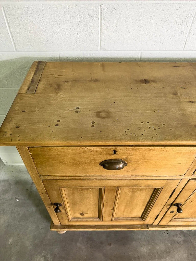 Tall antique English pine sideboard with drawers