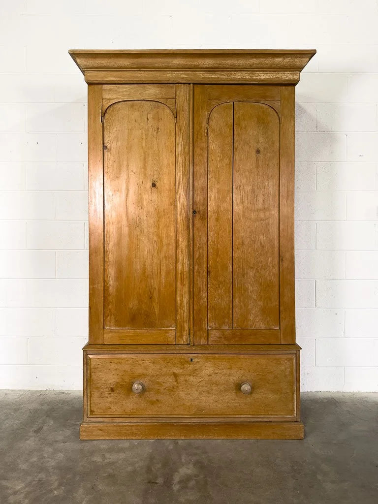 Antique English pine wardrobe or cupboard with a drawer