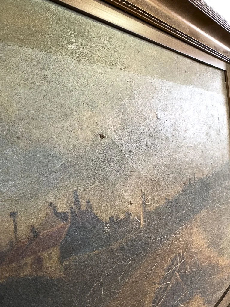 Antique oil painting of a boat on the shore