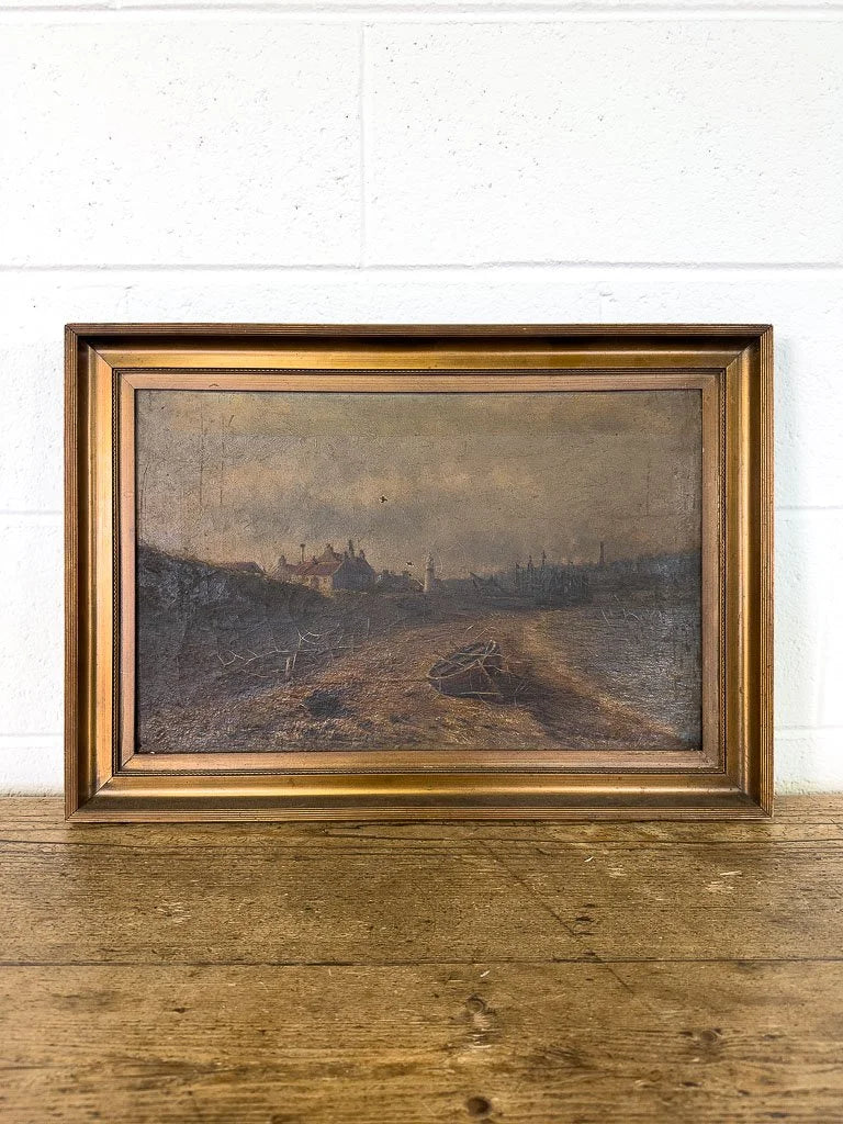 Antique oil painting of a boat on the shore