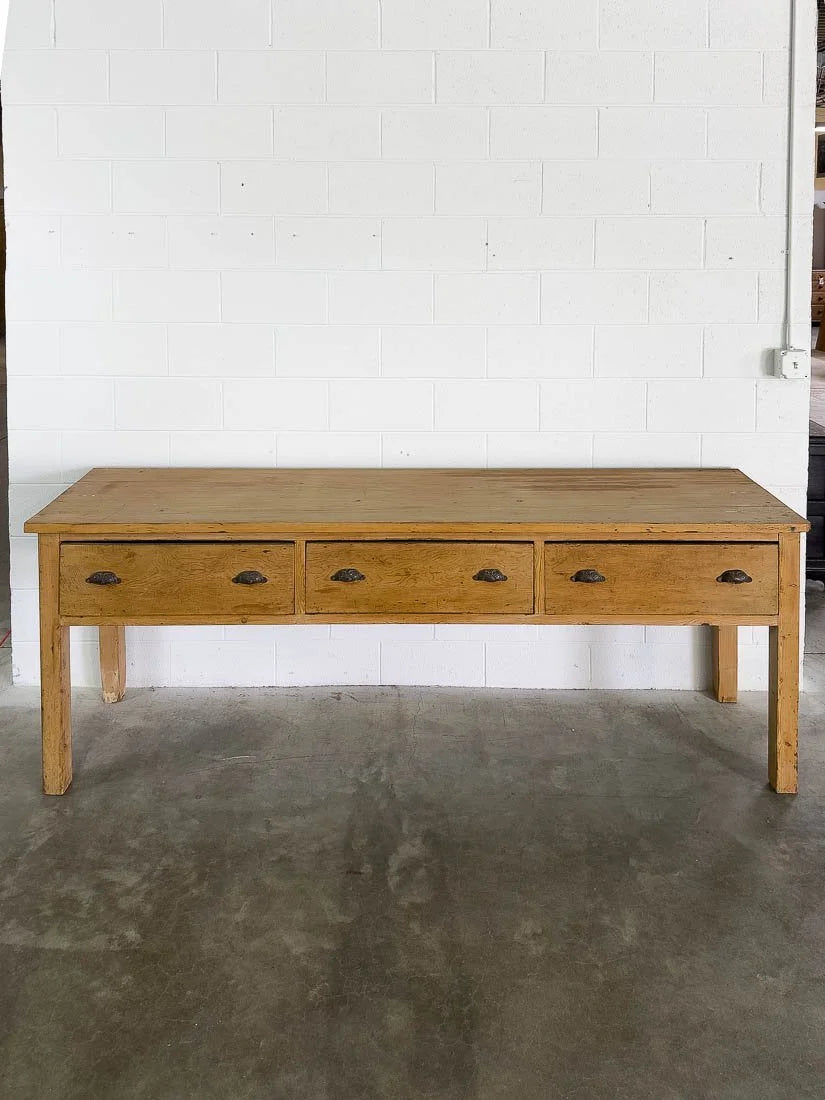 8’ antique pine sideboard or buffet with three drawers