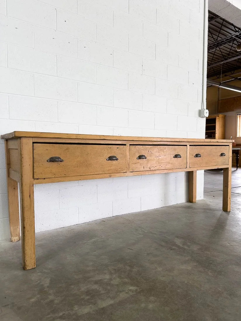 8’ antique pine sideboard or buffet with three drawers