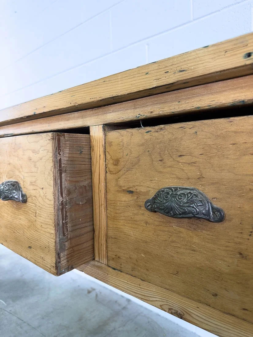 8’ antique pine sideboard or buffet with three drawers