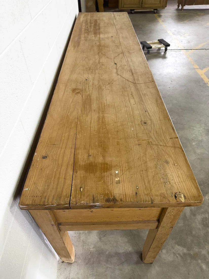 8’ antique pine sideboard or buffet with three drawers