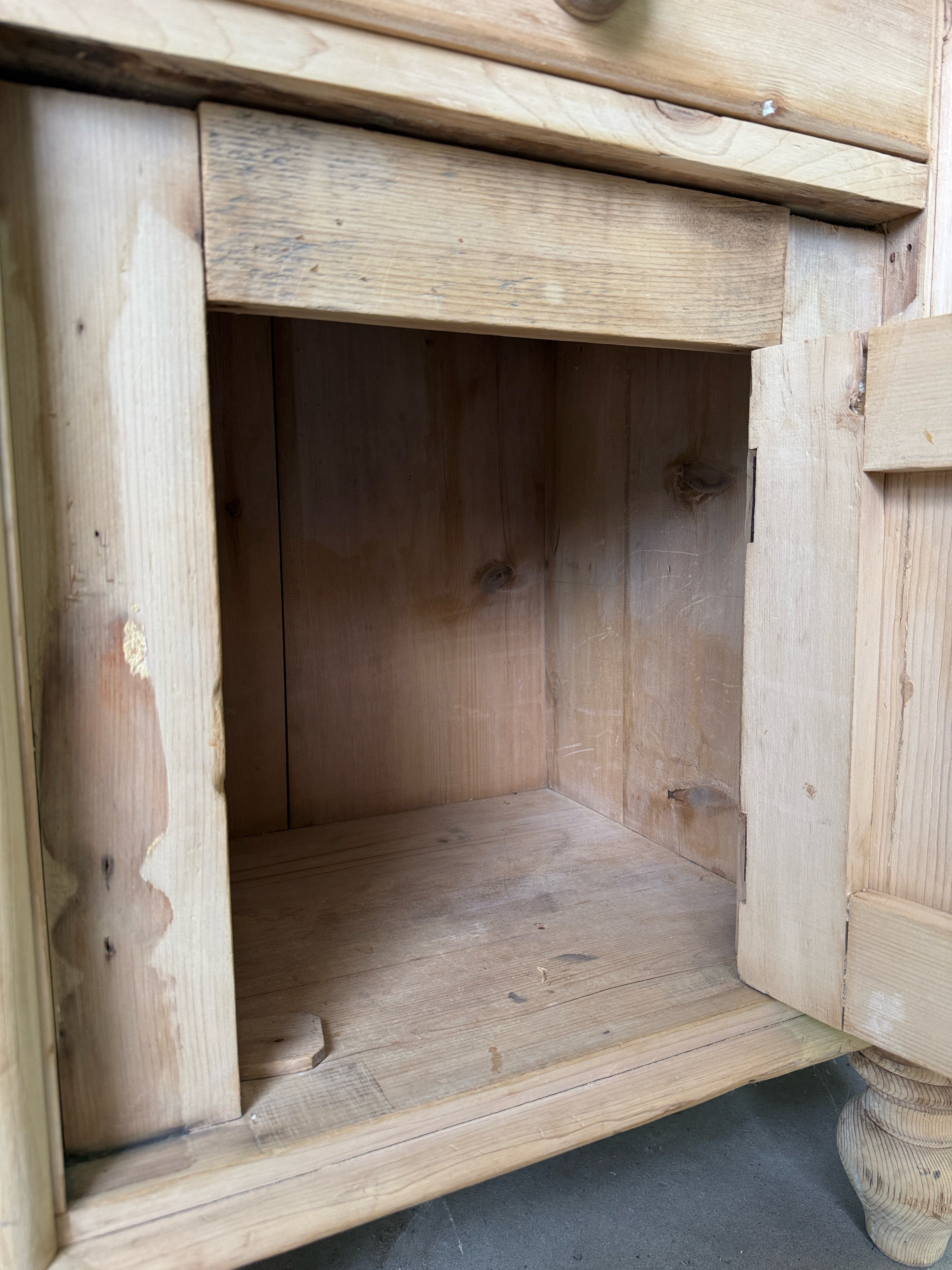 Antique pine housekeepers cupboard with wavy glass