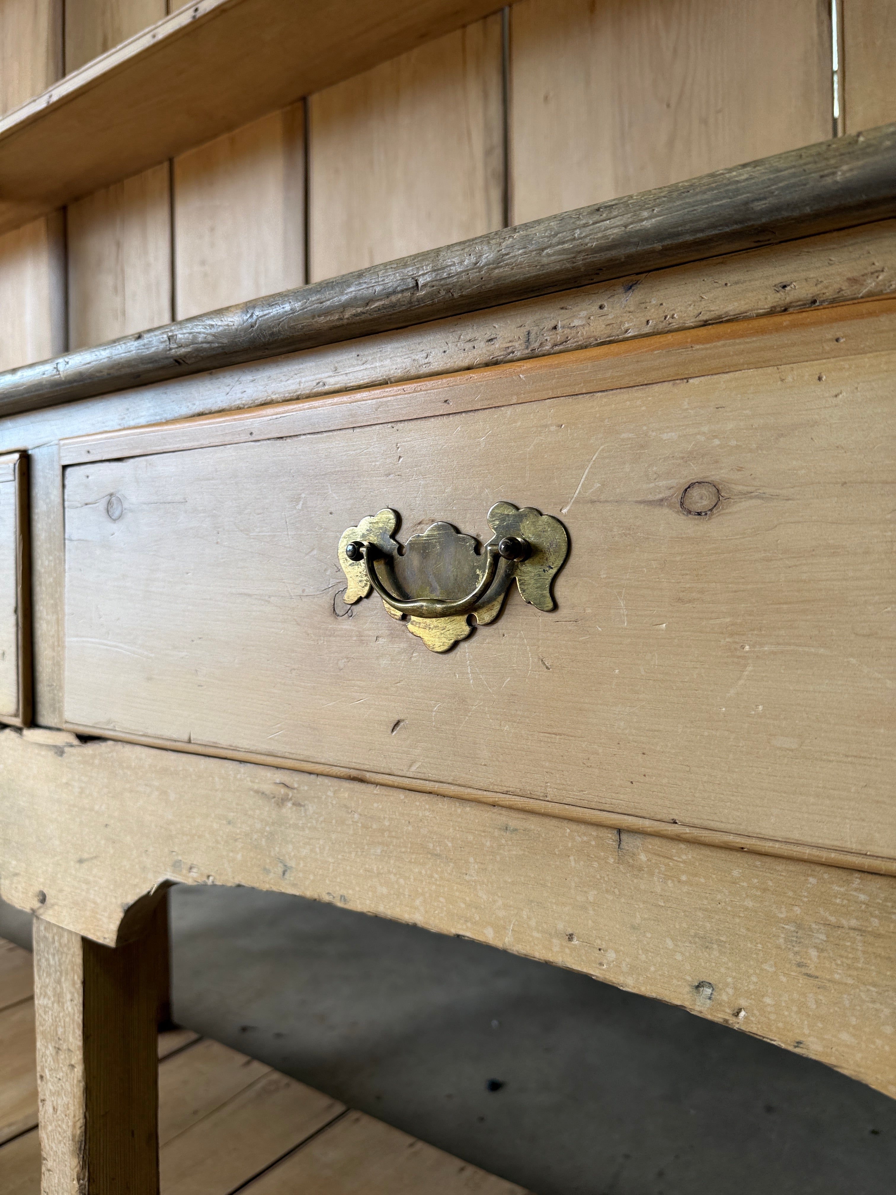Antique Pine Potboard Kitchen Dresser Hutch – 10.7 ft English Country Cupboard with Drawers