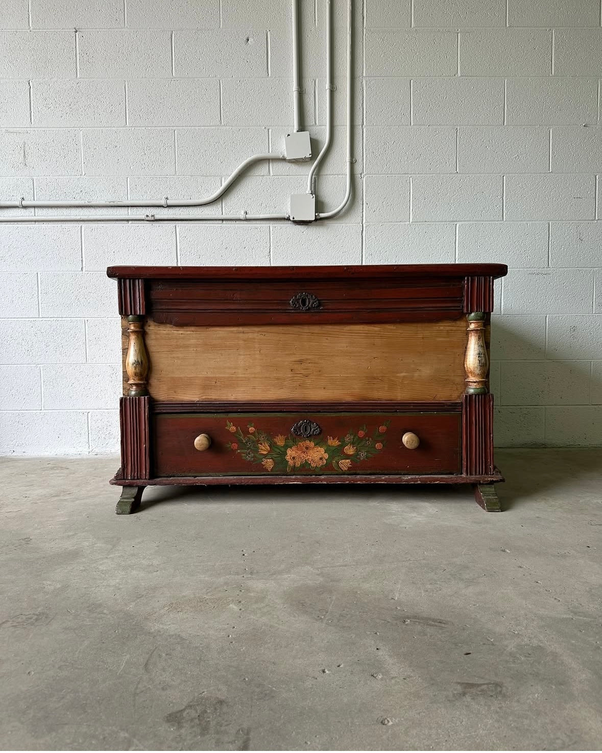 European pine blanket box with folk-painted drawer