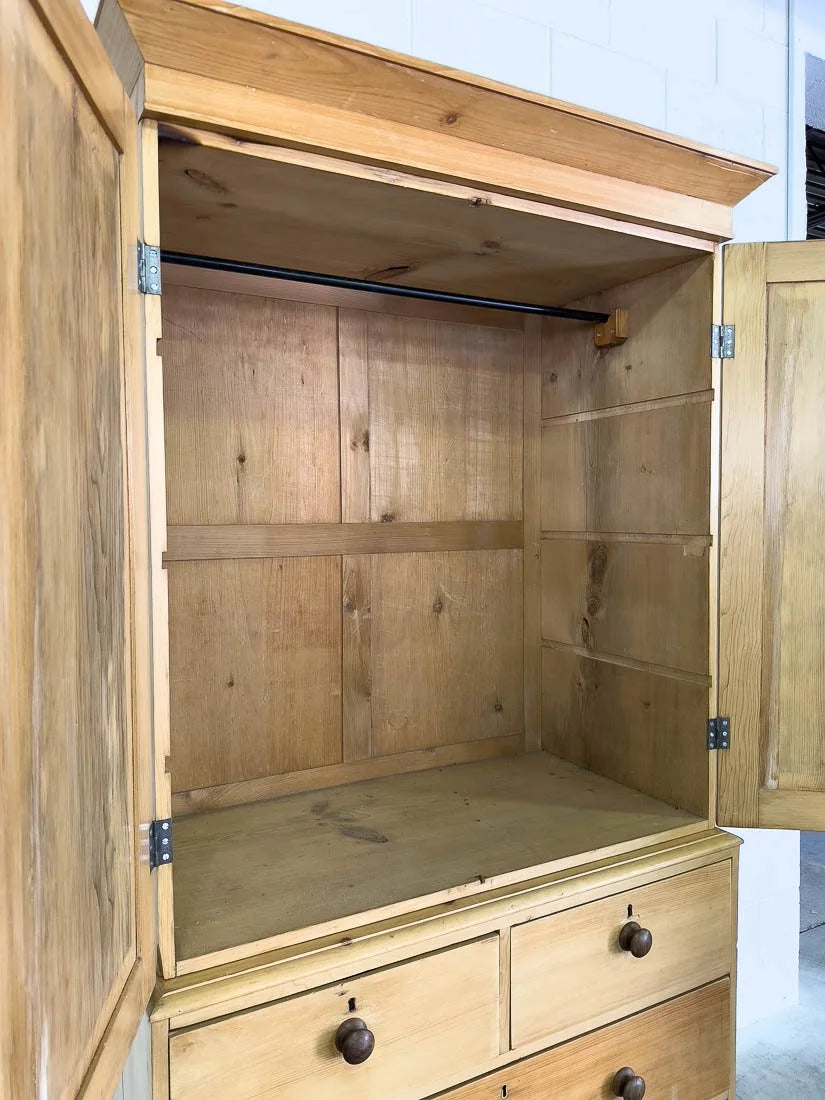 Antique pine linen press with hanging rail