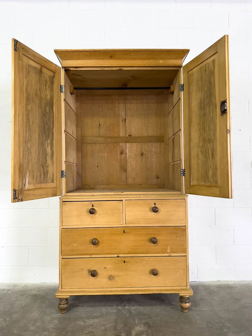 Antique pine linen press with hanging rail