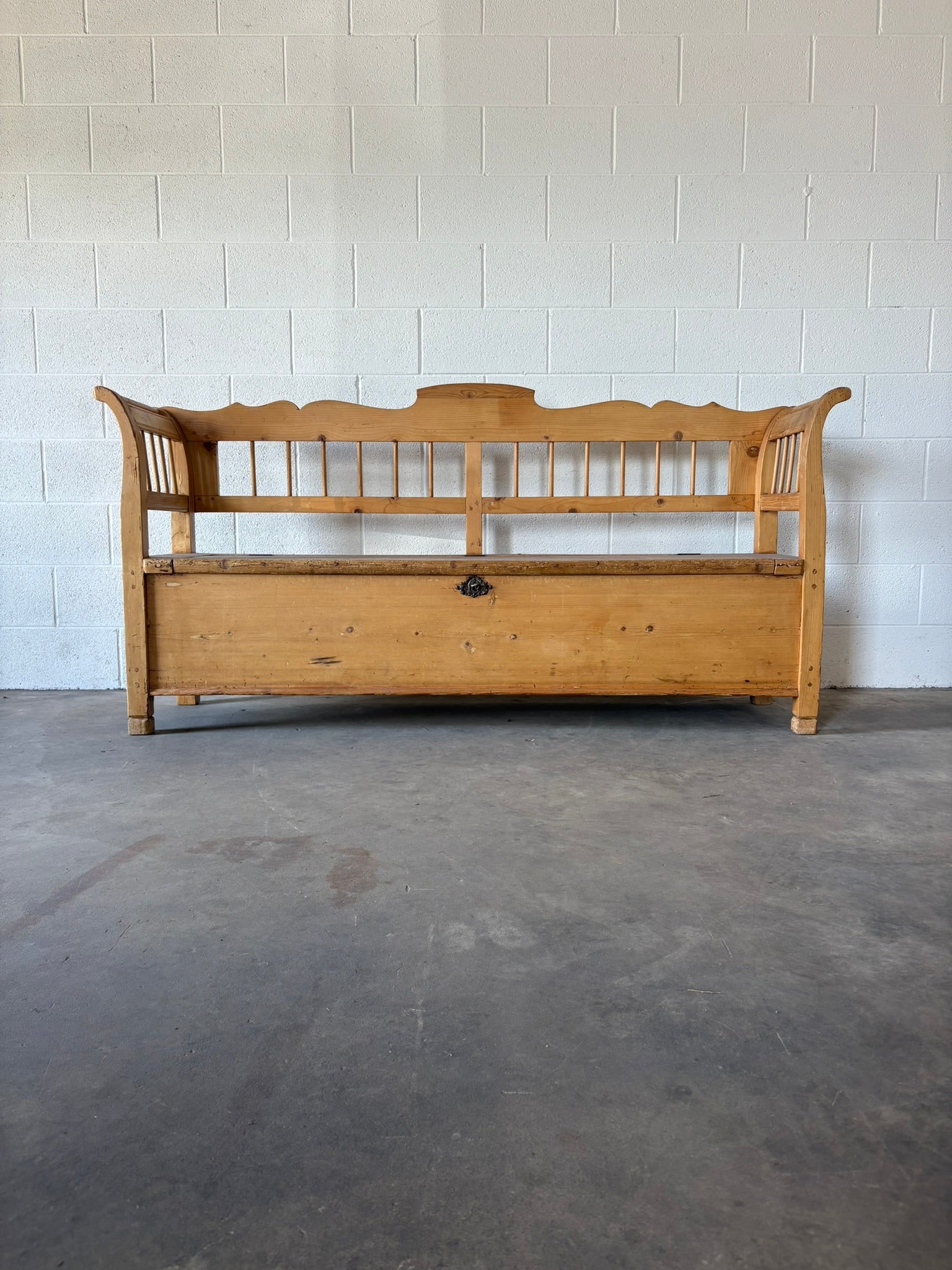 Antique pine European bench with storage