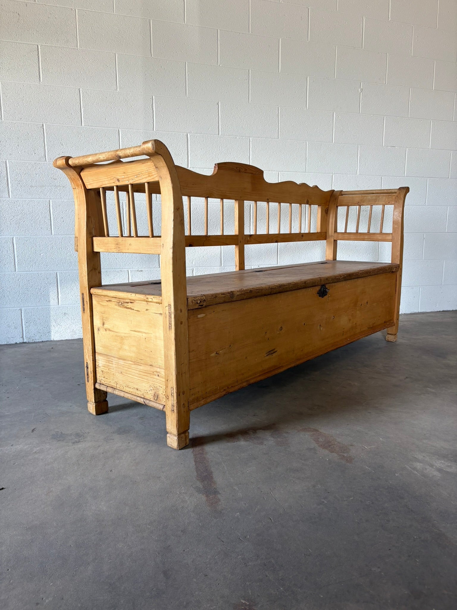 Antique pine European bench with storage