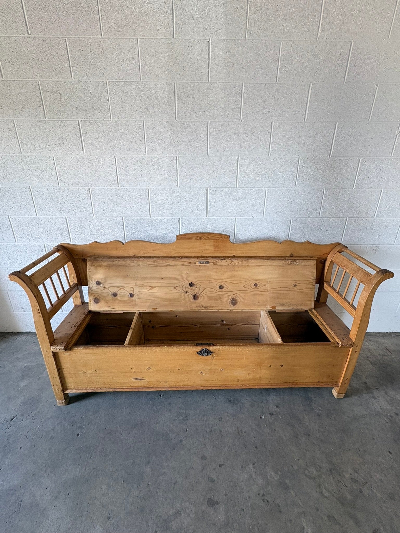 Antique pine European bench with storage