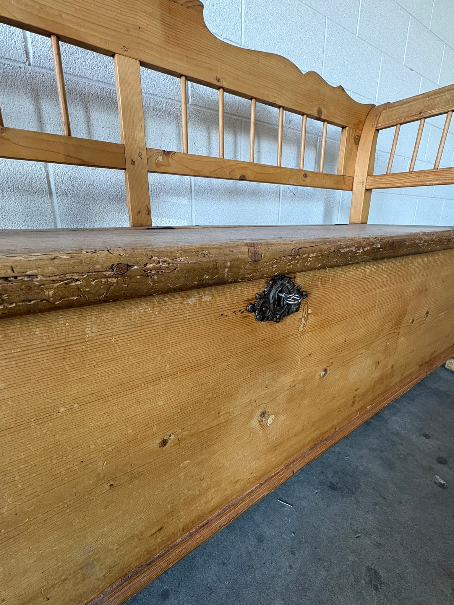 Antique pine European bench with storage