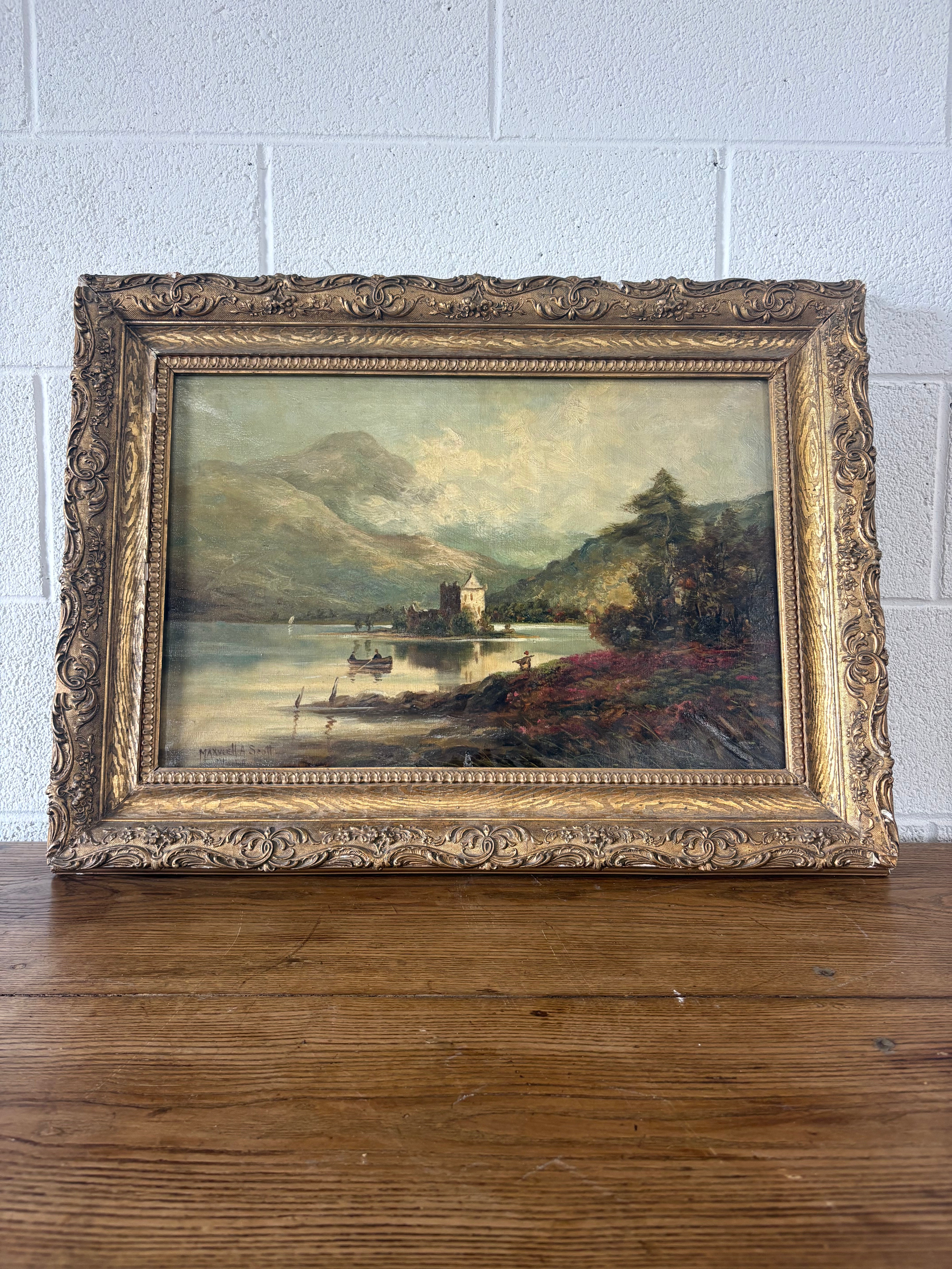 European oil on canvas - castle on a lake