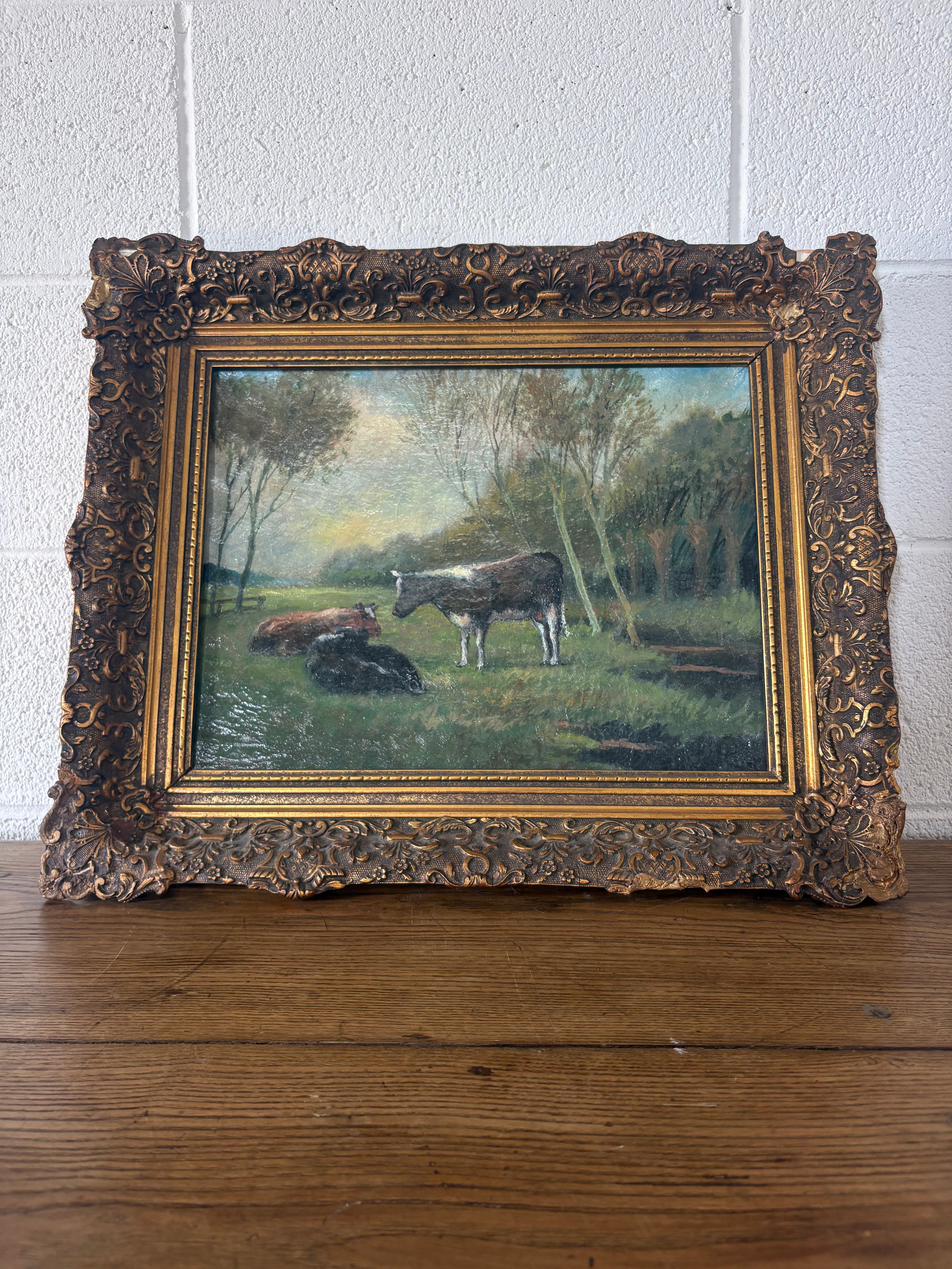 Antique oil on canvas - dairy cows in pasture