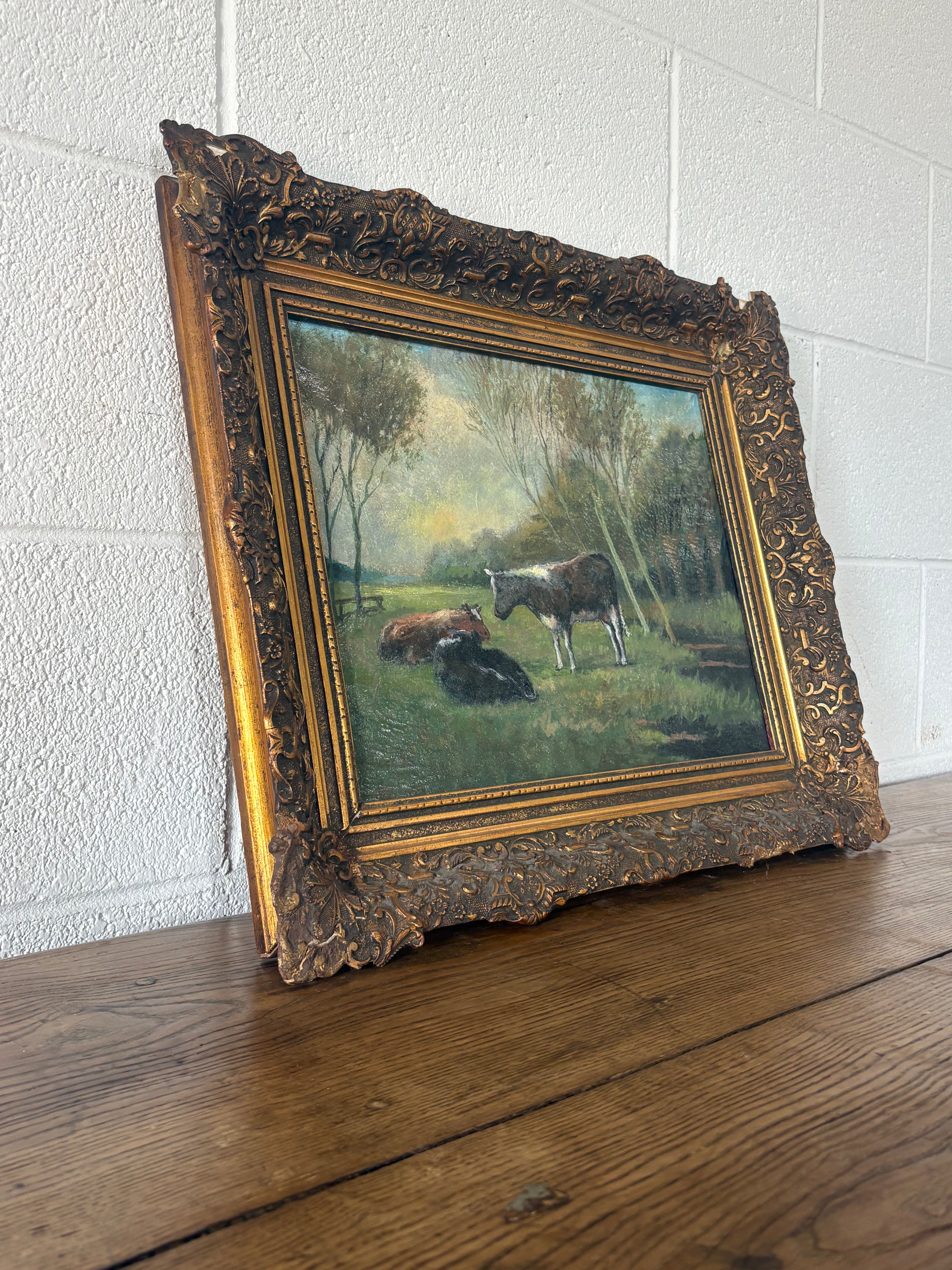 Antique oil on canvas - dairy cows in pasture