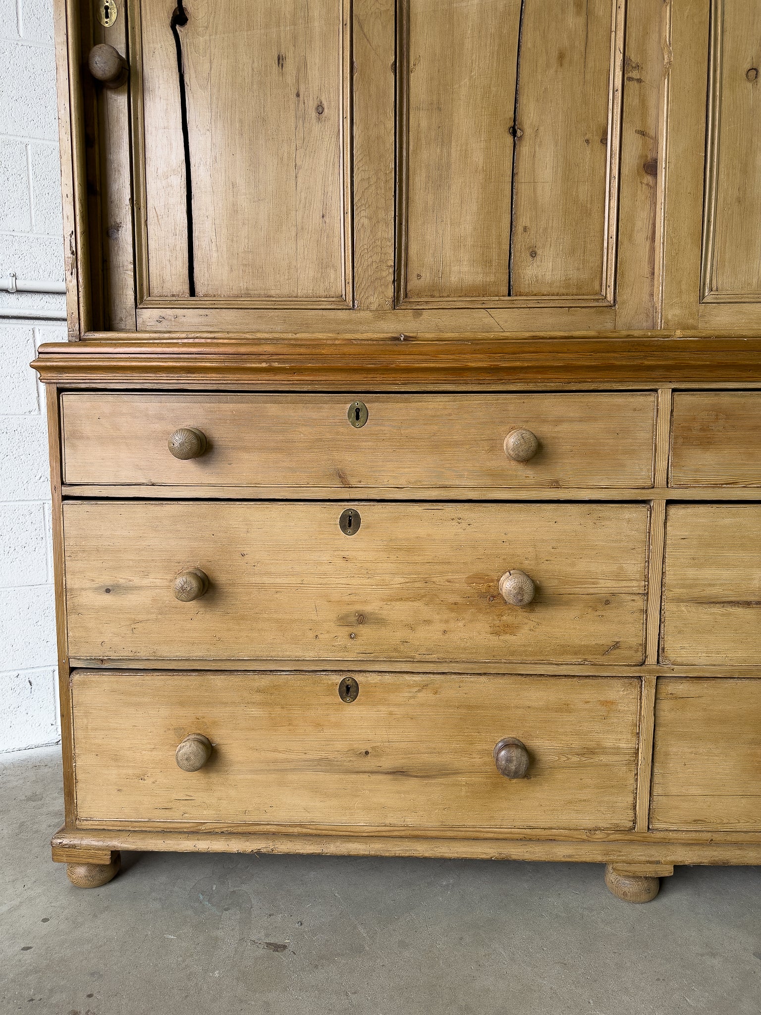 Large antique pine housekeepers cupboard with sliding doors