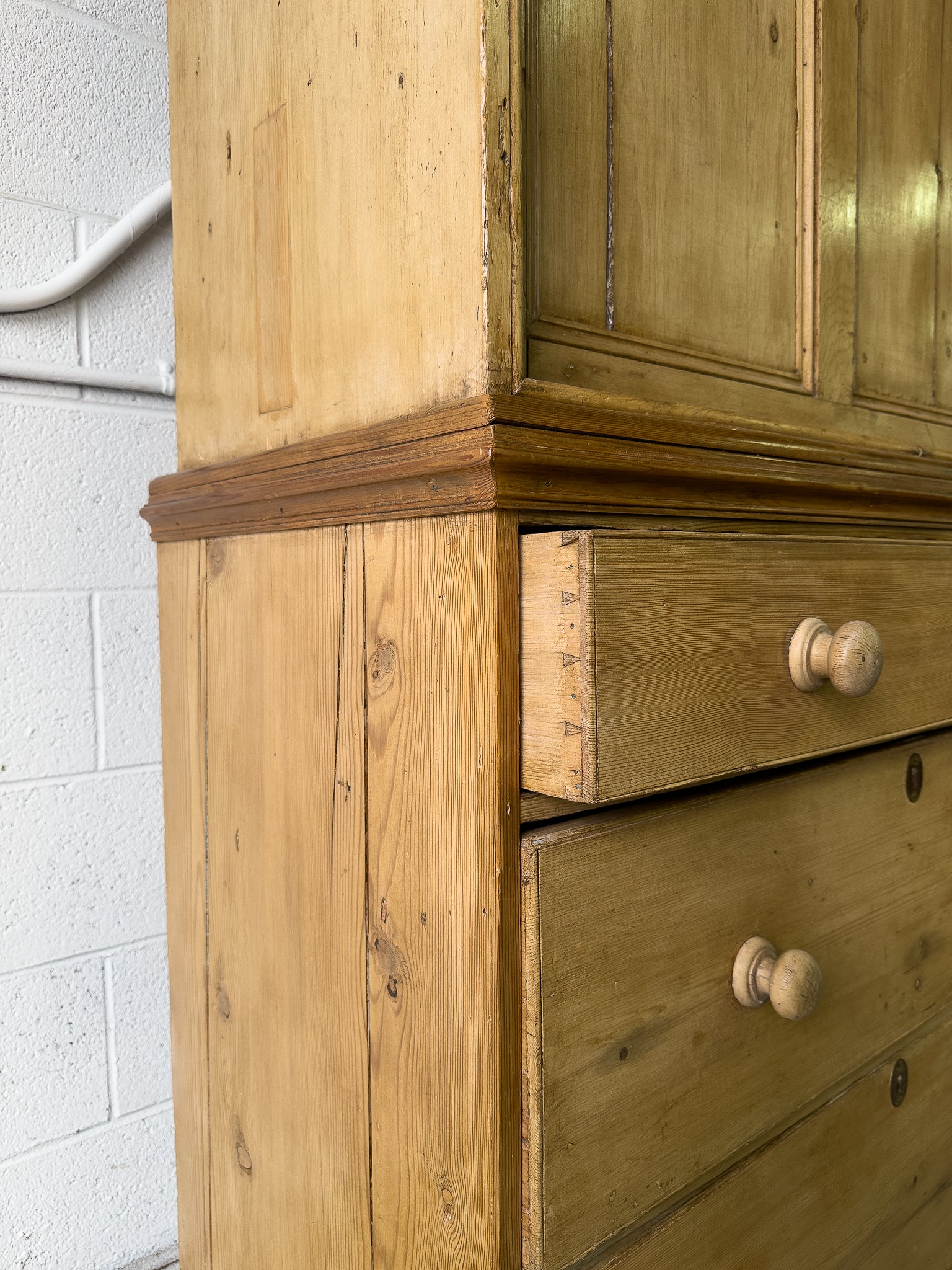 Large antique pine housekeepers cupboard with sliding doors