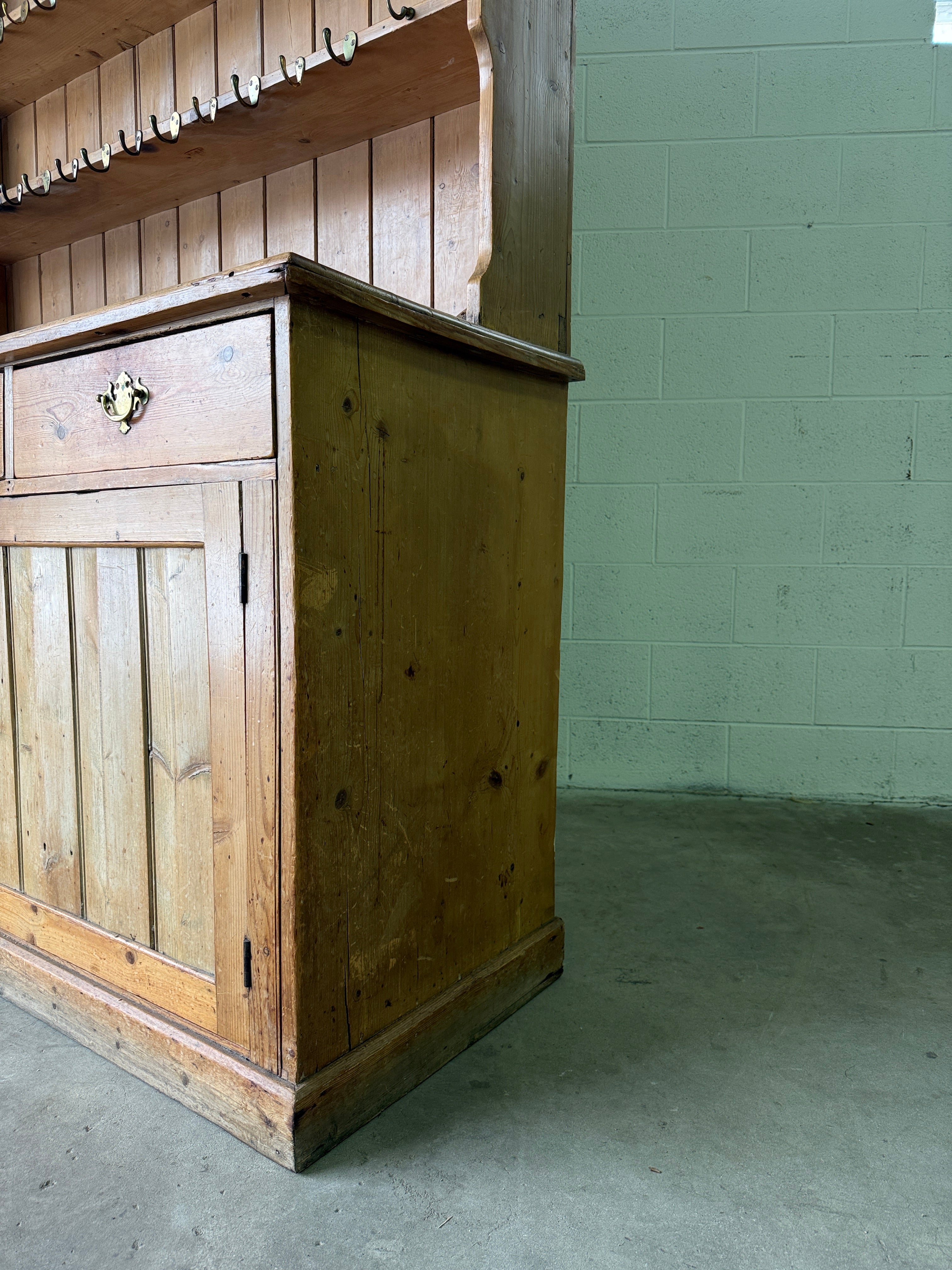 Antique pine waterfall kitchen dresser with hooks